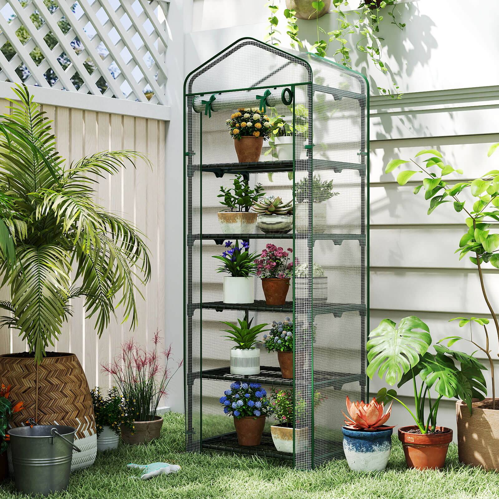 Alt View 3. Costway - Costway 69" x 48" x 75" Mini Greenhouse with 5 Tier Shelves, PE Cover, Roll-Up Zipper Door - White.