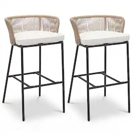 Gymax - Outdoor Bar Stools Set of 2 w/Cushions & Backrests for Balcony Garden Poolside - Beige