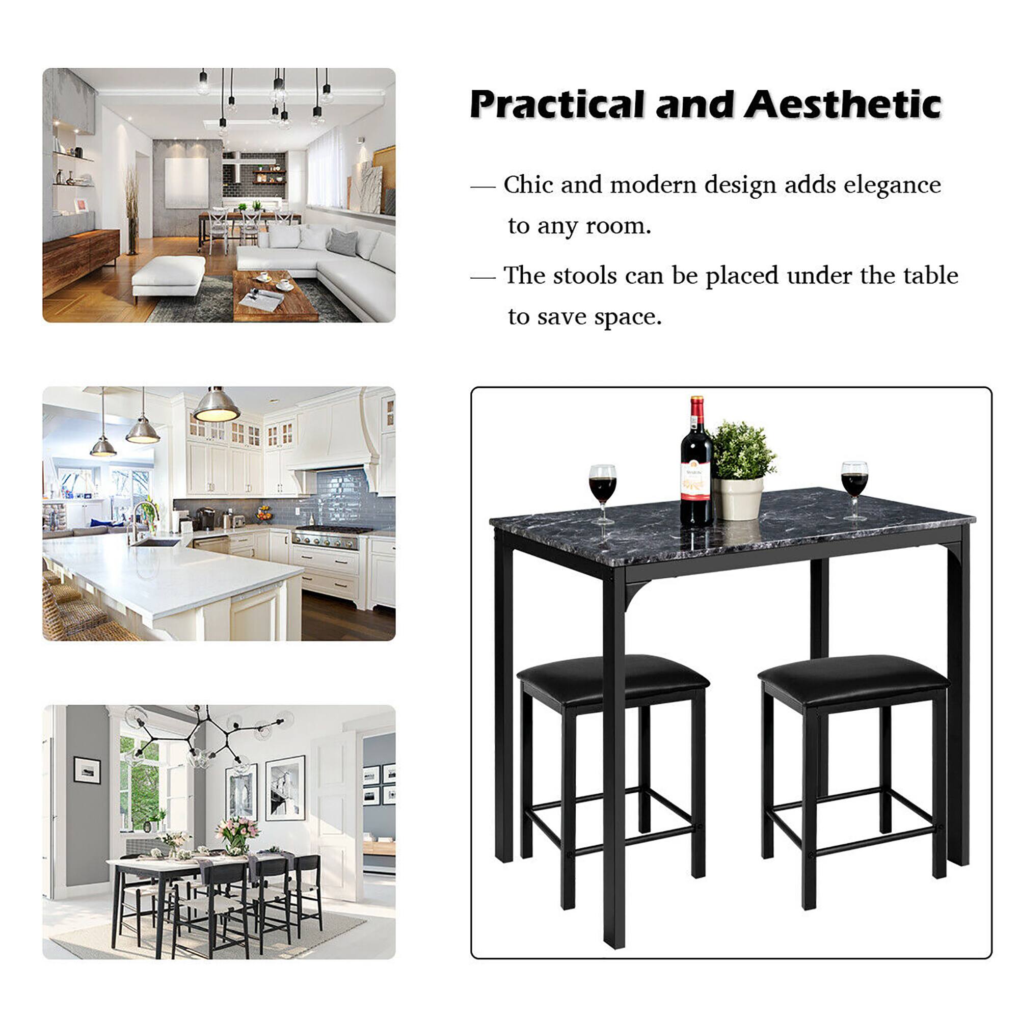 Practical and Aesthetic Chic and modern design adds elegance to any room. The stools can be placed under the table to save space.