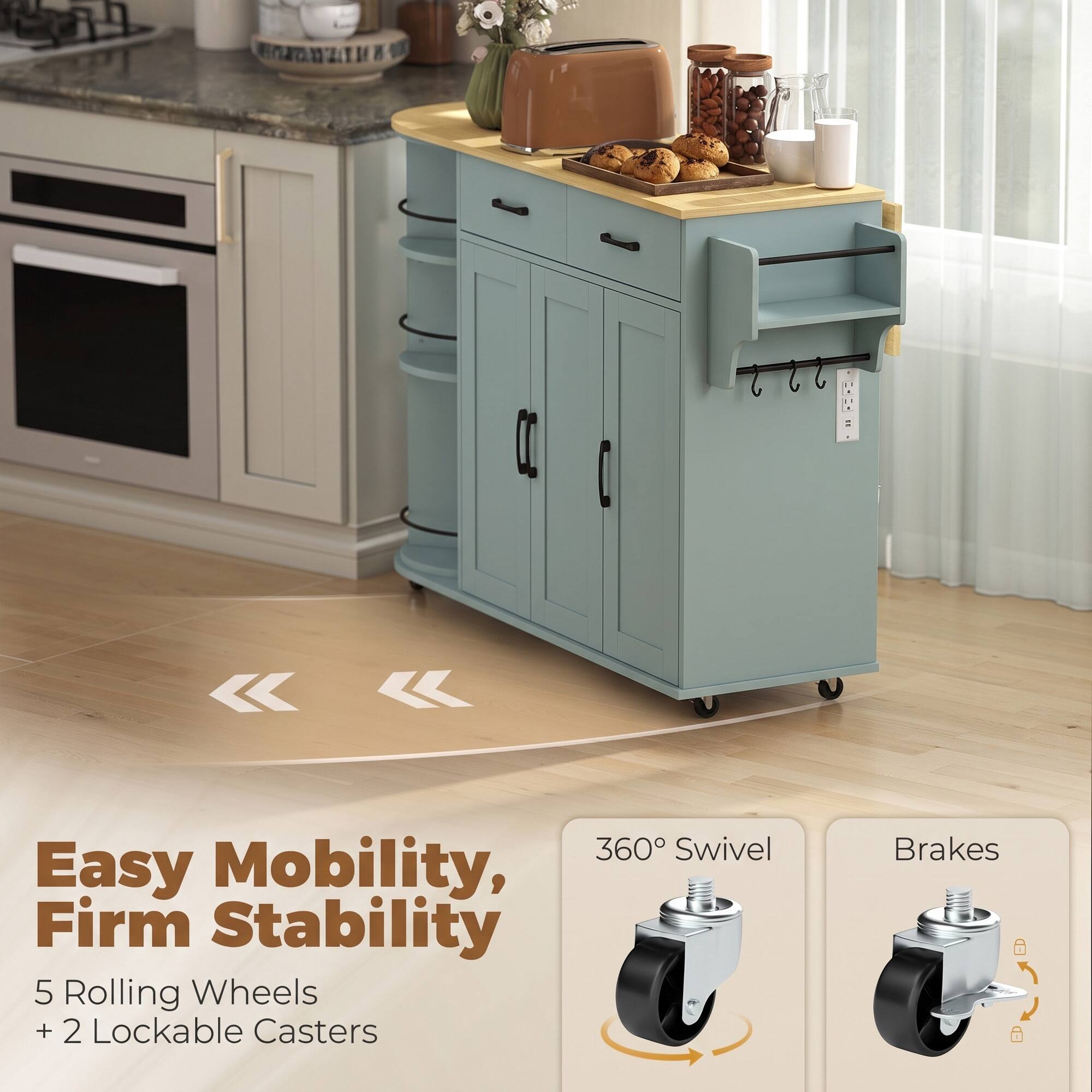 Easy Mobility, Firm Stability  
5 Rolling Wheels + 2 Lockable Casters  
360° Swivel  
Brakes