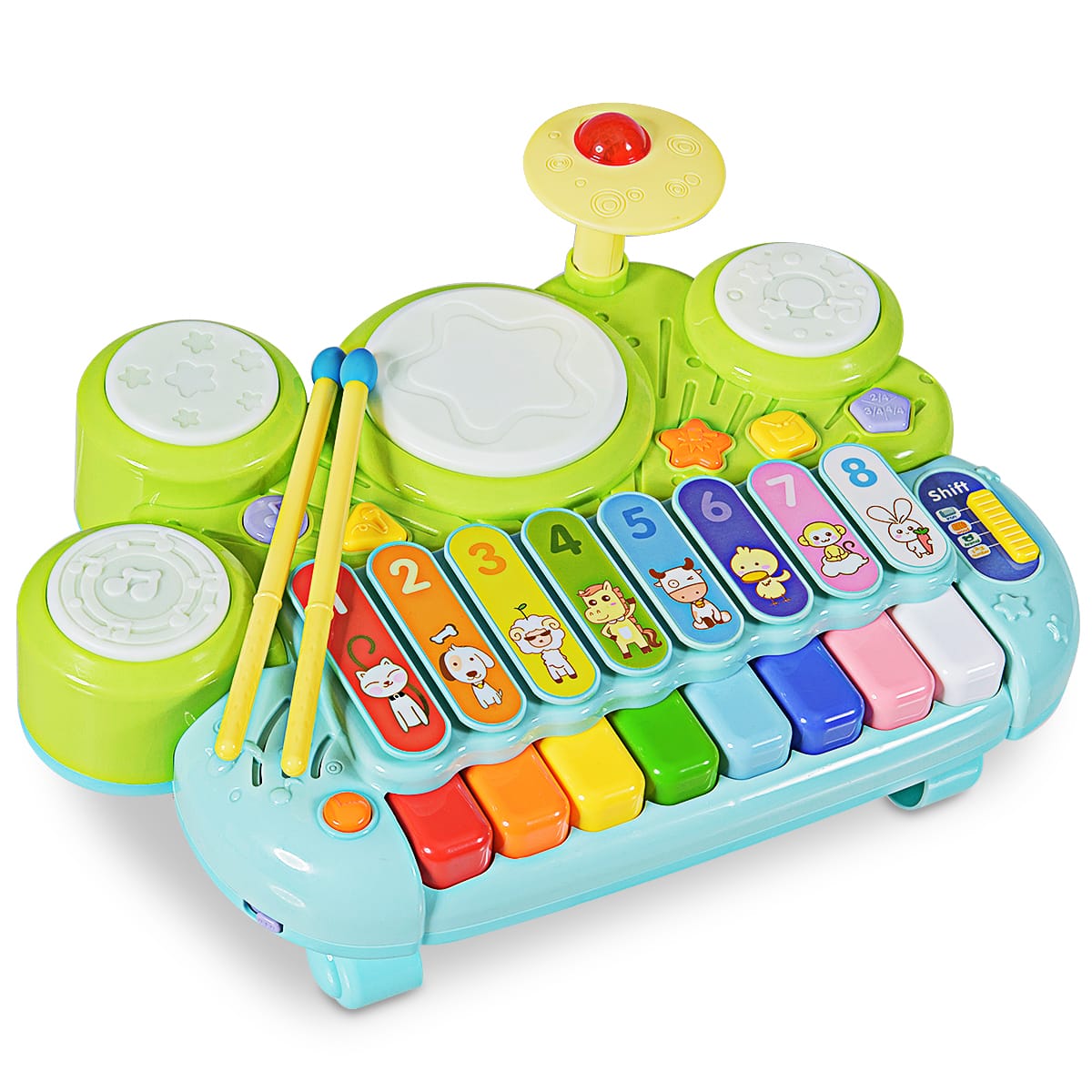 Gymax - 3-in-1 Drum Xylophone Piano Keyboard Set Electronic Musical Instrument Toy - Multicolor
