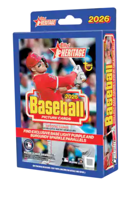 **Topps Heritage 2026 Baseball Picture Cards**
- **35 Total Cards Set!**
- **35 Total Packs with Special Cards Insert**
- **May Contain Less Cards**
- **Find Exclusive Base Light Purple and Burgundy Sparkle Parallels**
- **Officially Licensed Product of Major League Baseball**
- **No Purchase Necessary. Visit Topps.com/NPN for Details and Entry.**
**Topps Heritage Baseball 2026**
**Picture Cards**
**35 Total Cards**
**Packs with a Special Insert May Contain Less Cards**
**Find Exclusive Base Light Purple and Burgundy Sparkle Parallels**
**Major League Baseball**
**Officially Licensed Product of MLB Players, Inc.**
**No Purchase Necessary. Visit Topps.com/NPN for Details and Entry.**