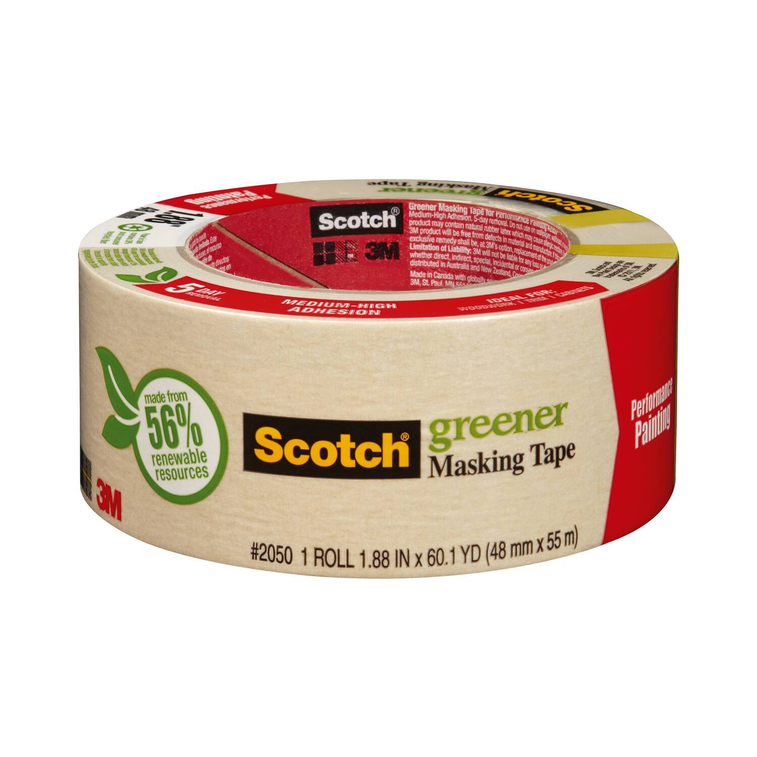 Scotch Greener Masking Tape  
Medium-High Adhesion  
Made from 56% renewable resources  
#2050 1 ROLL 1.88 IN x 60.1 YD (48 mm x 55 m)  

3M product will be free from defects  
3M will not be liable for any damages  
3M product may contain nitrocellulose  
3M product is distributed in Australia and New Zealand  
Made in Canada with global materials  

Performance Painting  
Ideal for:  
- Medium-High Adhesion  
- Greener Masking Tape for painting  
- 5-day removal  
- 3M product will be free from defects  
- 3M will not be liable for any damages  
- 3M product may contain nitrocellulose  
- 3M product is distributed in Australia and New Zealand  
- Made in Canada with global materials