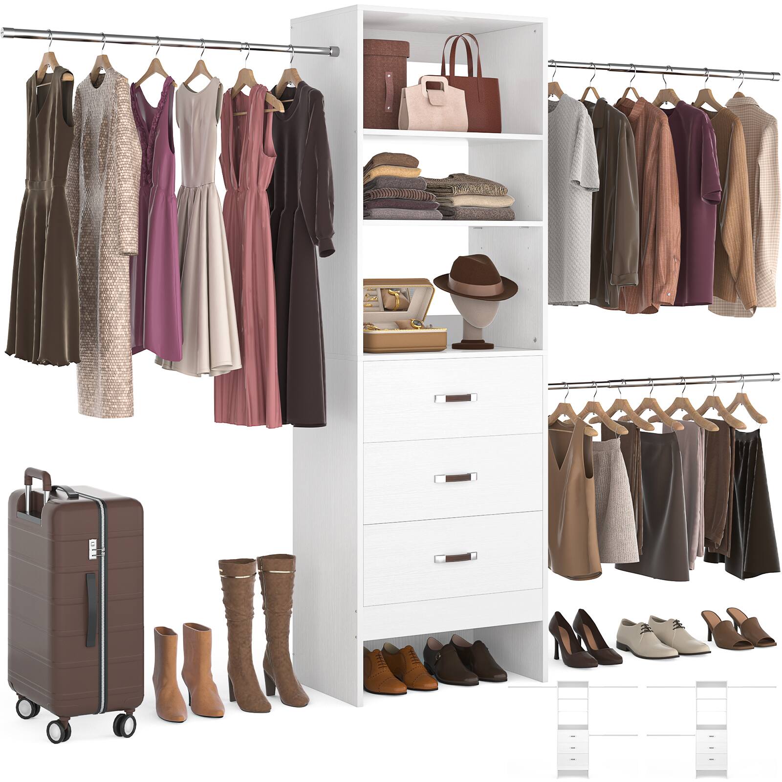 Aheaplus - 96-inch Closet System: 3 Hanging Rods & 3 Wooden Drawers, Adjustable for 5-8FT Walk-in Wardrobe - White price history on PriceWatchPro