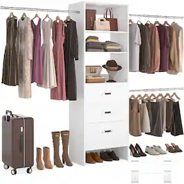 Aheaplus - 96-inch Closet System: 3 Hanging Rods & 3 Wooden Drawers, Adjustable for 5-8FT Walk-in Wardrobe - White
