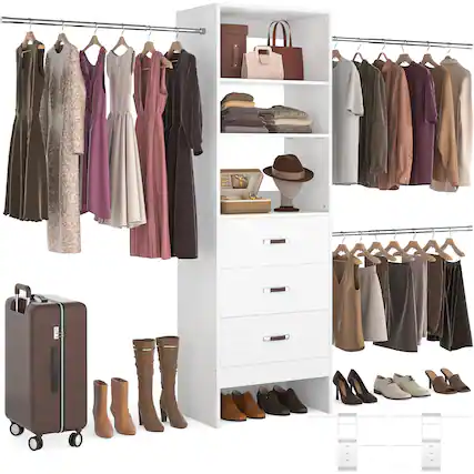 Front. Aheaplus - 96-inch Closet System: 3 Hanging Rods & 3 Wooden Drawers, Adjustable for 5-8FT Walk-in Wardrobe - White.