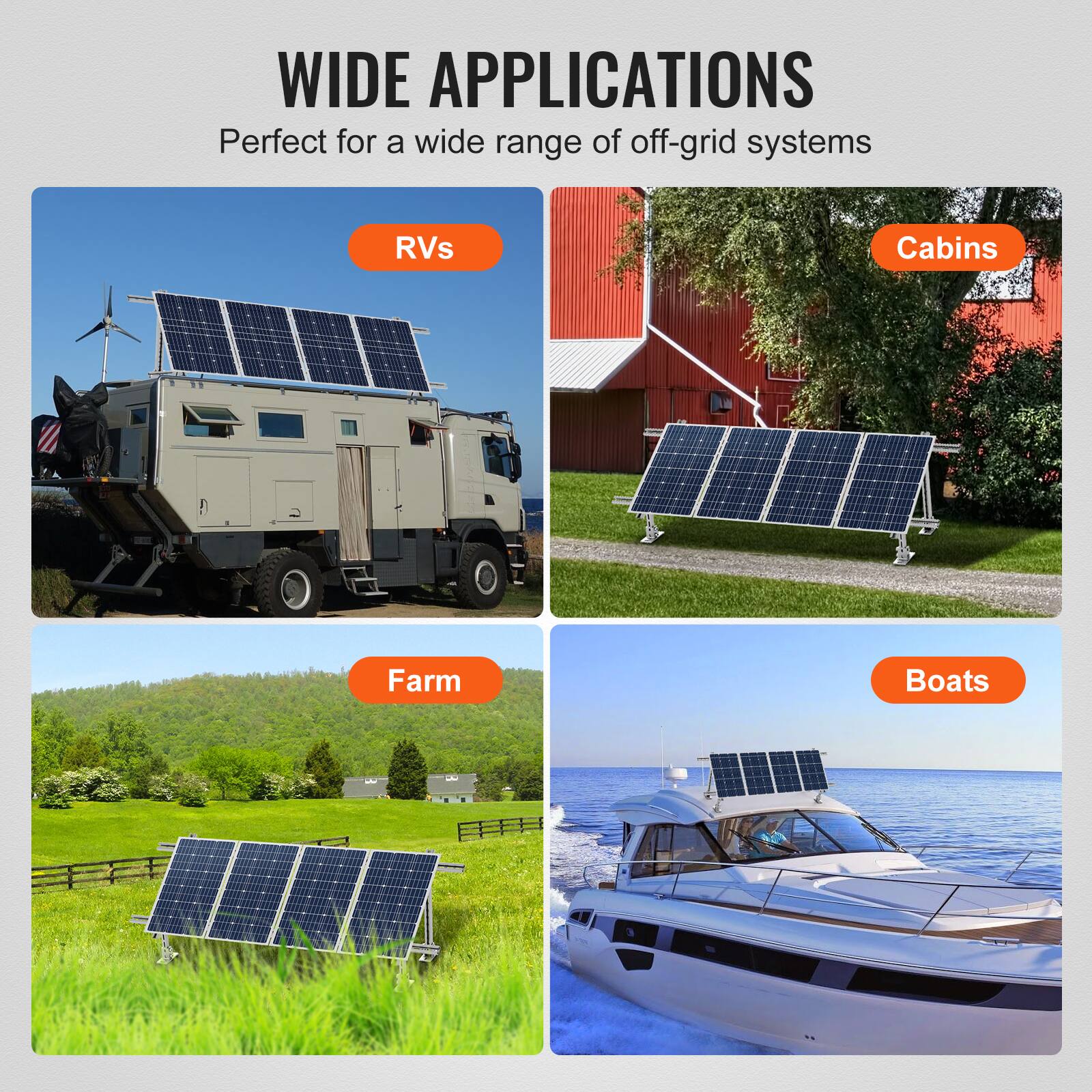 WIDE APPLICATIONS  
Perfect for a wide range of off-grid systems  

RVs  
Cabins  
Farm  
Boats