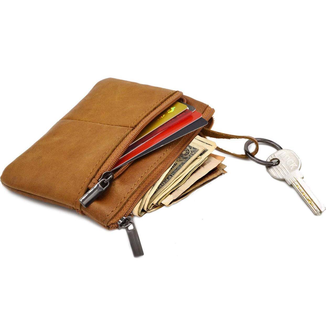 Alt View 1. Jadie Link - Women Genuine Leather Pouch Zip Mini Purse Wallet Key Chain Zipper Material High quality genuine leatherZipper Key ring - darkbrown.