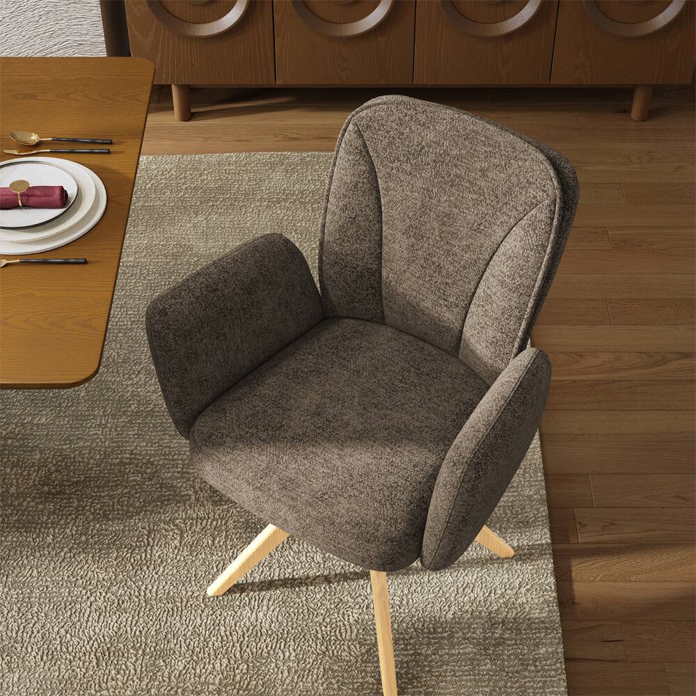 Alt View 1. POVISON - Mid-Century Modern Upholstered Swivel Wood Dining Chairs Set of 2, Fabric Armchairs for Dining & Living Room, Brown - Brown & Natural Wood.