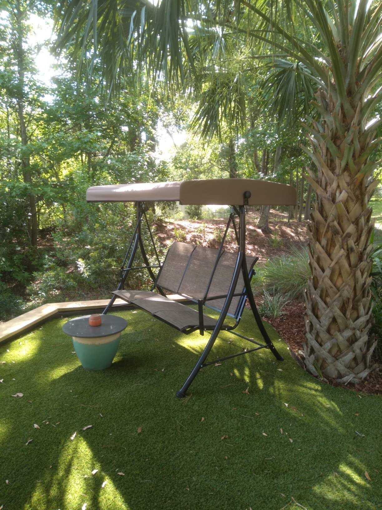 Left. PURPLE LEAF - 2/3-person Deluxe Outdoor Patio Porch Swing with Weather Resistant Steel Frame, Adjustable Tilt Canopy - Beige-3 Person.
