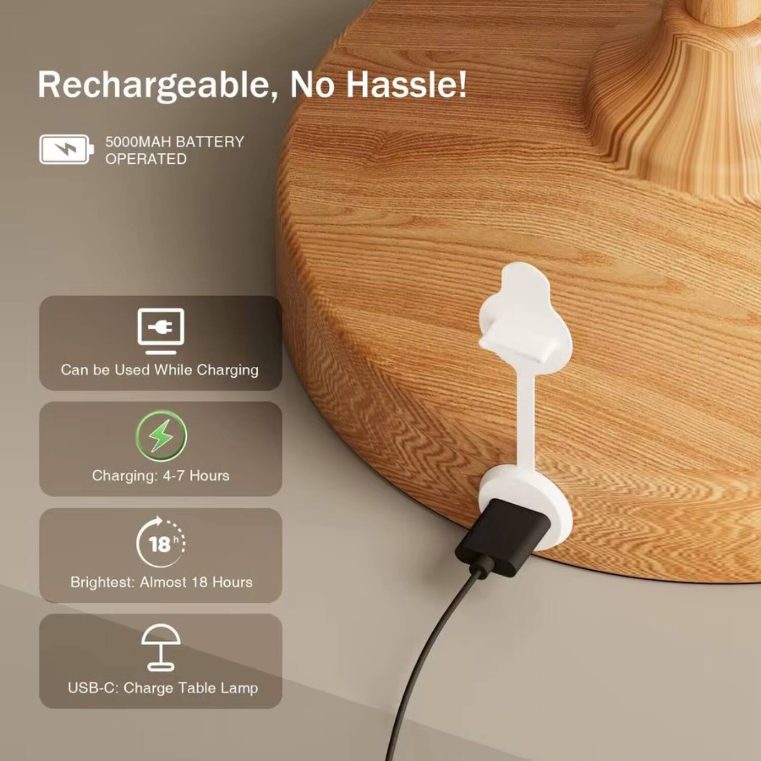 Rechargeable, No Hassle!  
5000MAH BATTERY OPERATED  
Can be Used While Charging  
Charging: 4-7 Hours  
Brightest: Almost 18 Hours  
USB-C: Charge Table Lamp