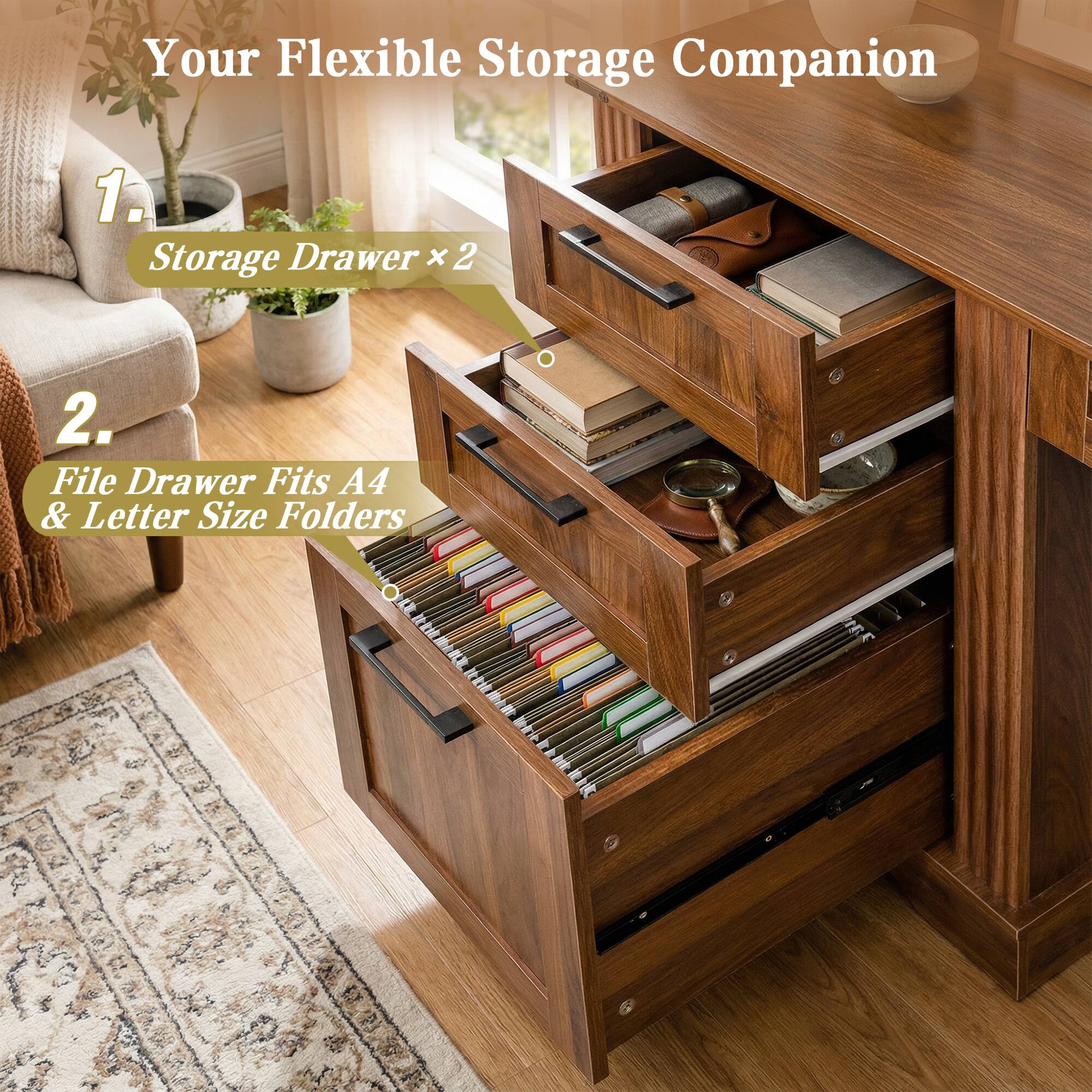 Your Flexible Storage Companion  
1. Storage Drawer x 2  
2. File Drawer Fits A4 & Letter Size Folders