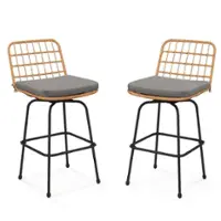 Costway Patio 360° Swivel Bar Stools Set of 2 with Backrests & Footrests Soft Seat Cushions - Light Brown + Gray - Front_Zoom