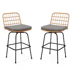 Front. Costway - Patio 360° Swivel Bar Stools Set of 2 with Backrests & Footrests Soft Seat Cushions - Light Brown + Gray.