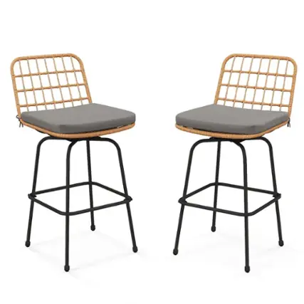 Front. Costway - Patio 360° Swivel Bar Stools Set of 2 with Backrests & Footrests Soft Seat Cushions - Light Brown + Gray.
