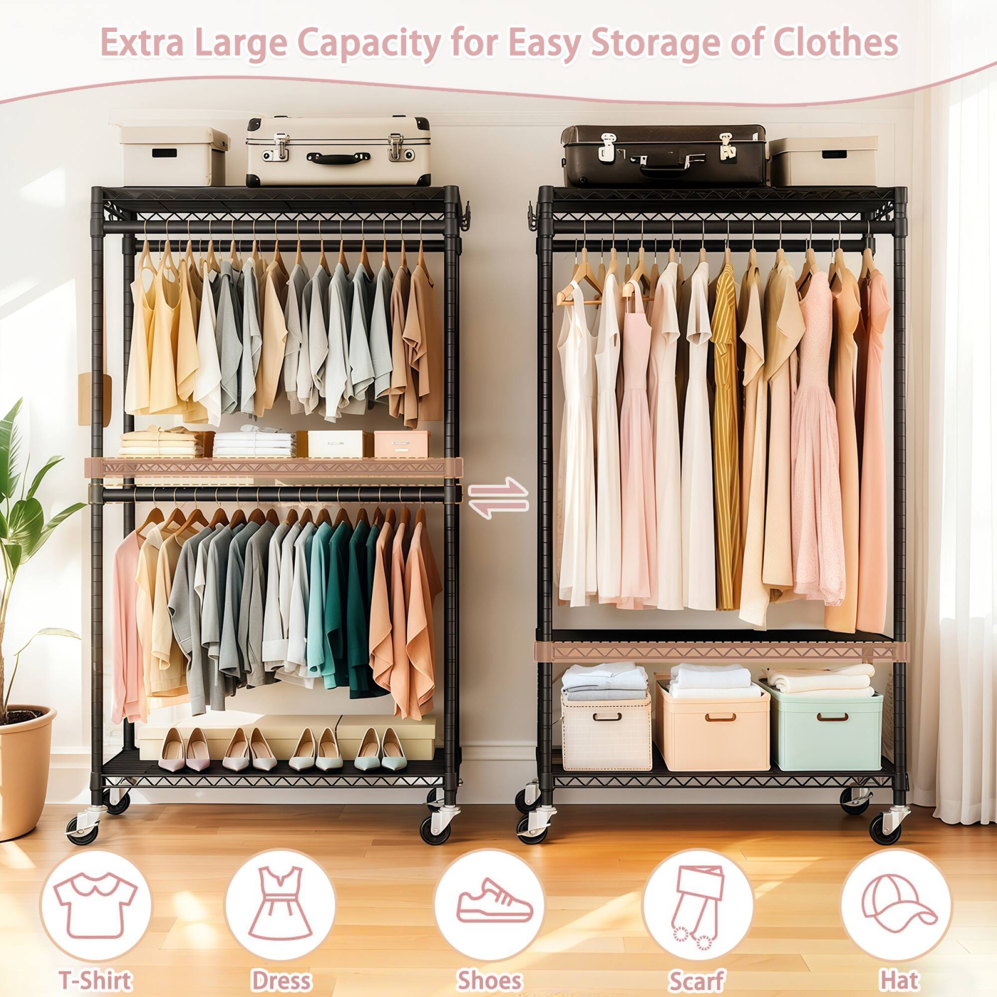 Extra Large Capacity for Easy Storage of Clothes

- T-Shirt
- Dress
- Shoes
- Scarf
- Hat