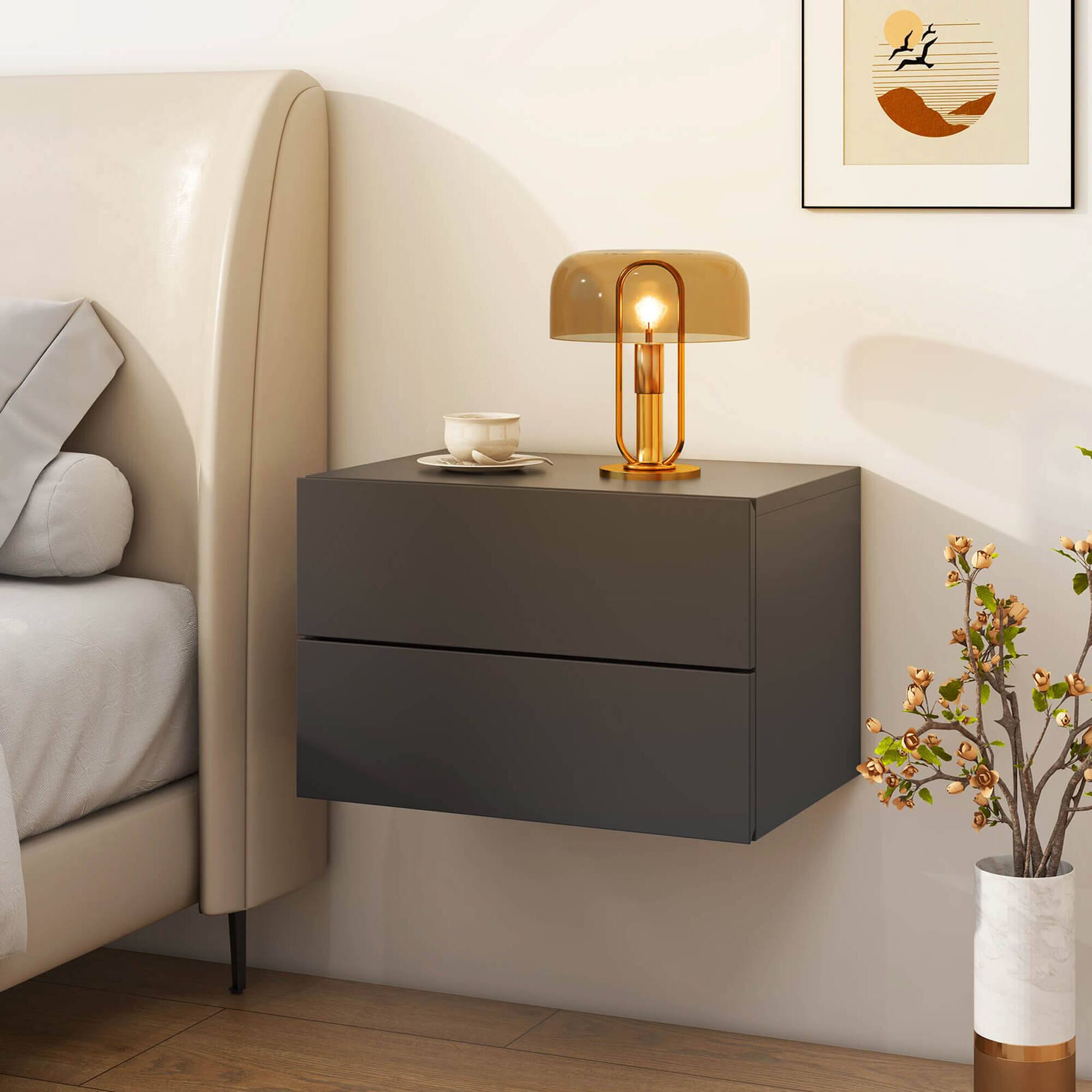 Angle. Costway - 1 PCS Floating Nightstand with Drawer Storage Modern Floating Bedroom Shelf - Gray.