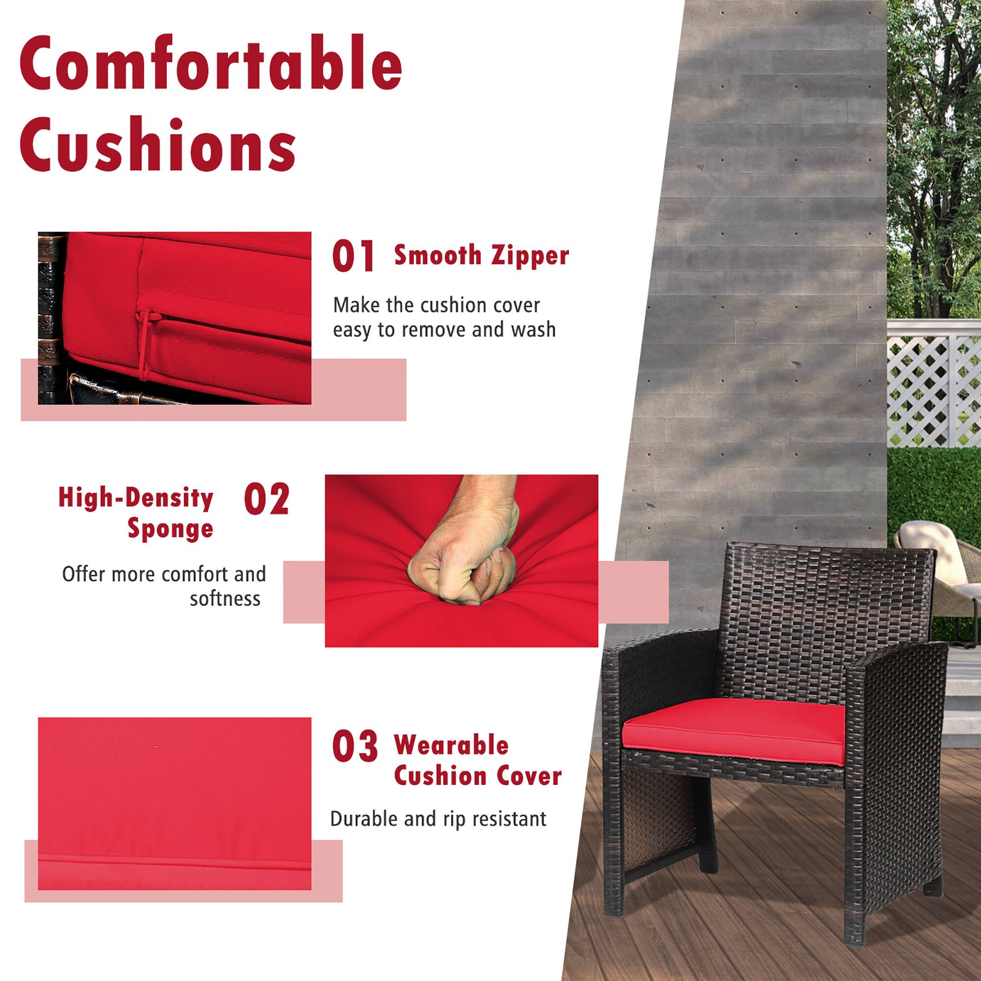 Comfortable Cushions

01 Smooth Zipper  
Make the cushion cover easy to remove and wash

02 High-Density Sponge  
Offer more comfort and softness

03 Wearable Cushion Cover  
Durable and rip resistant