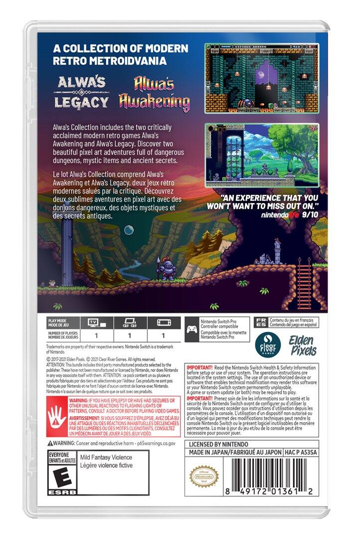 A COLLECTION OF MODERN RETRO METROIDVANIA

ALWA'S LEGACY
Alwa's Awakening

Alwa's Collection includes the two critically acclaimed modern retro games Alwa's Awakening and Alwa's Legacy. Discover two beautiful pixel art adventures full of dangerous dungeons, mystic items and ancient secrets.

Le lot Alwa's Collection comprend Alwa's Awakening et Alwa's Legacy, deux jeux rétro modernes salués par la critique. Découvrez deux sublimes aventures en pixel art avec des donjons dangereux, des objets mystiques et des secrets antiques.

"AN EXPERIENCE THAT YOU WON'T WANT TO MISS OUT ON."
nintendolife 9/10

Nintendo Switch Pro Controller compatible
Compatible avec la manette Nintendo Switch Pro

Nintendo 9/10

ATTENTION: produits fabriqués par tiers et sélectionnés par Nintendo. Ces produits ne sont pas garantis par Nintendo. Nintendo n'a aucun lien de nature contractuelle avec ces produits.

IMPORTANT! Read the Nintendo Switch Health & Safety Information before setup or use of your system. The operation instructions are located in the system settings. The use of an unauthorized device or software that enables technical modification may render