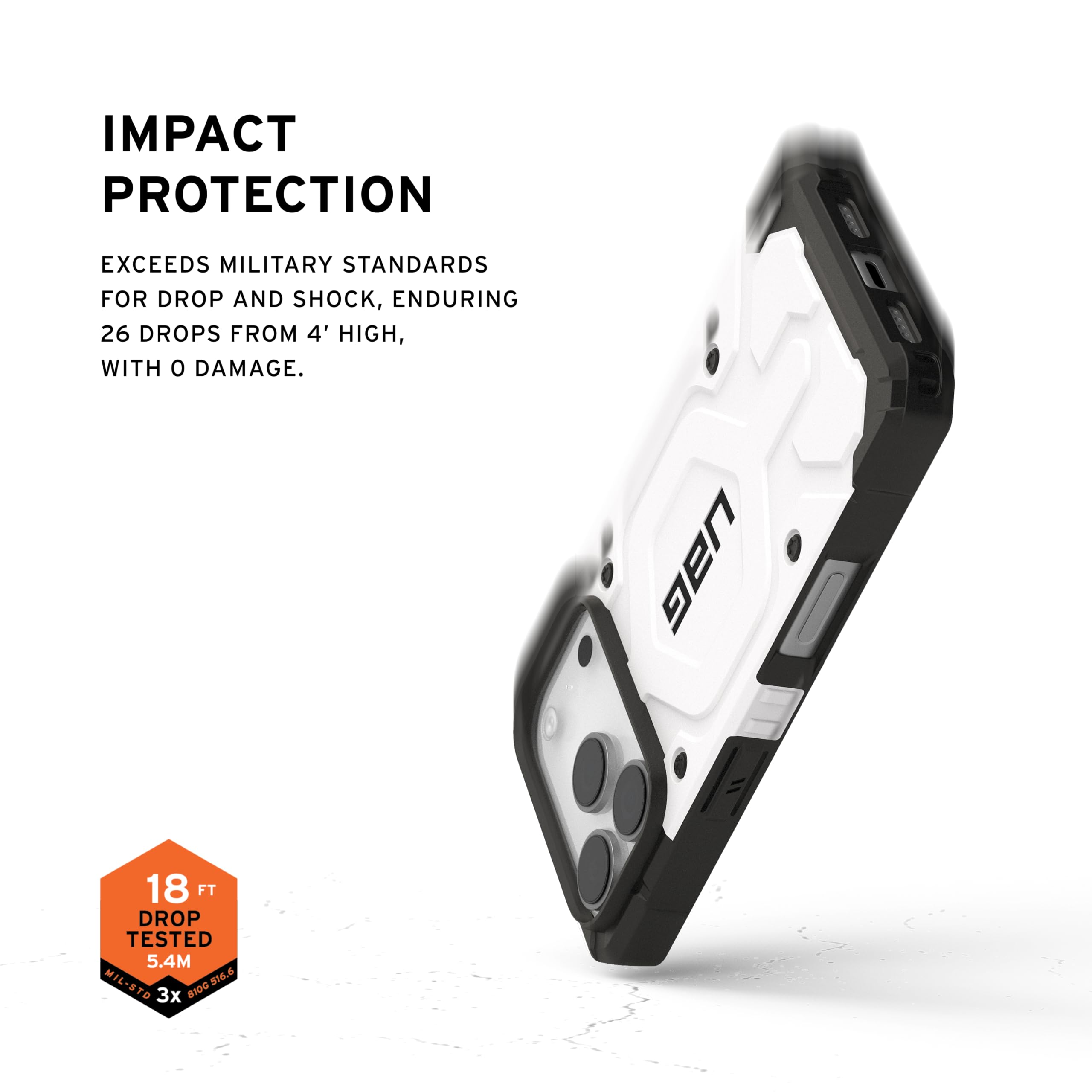 IMPACT PROTECTION

EXCEEDS MILITARY STANDARDS FOR DROP AND SHOCK, ENDURING 26 DROPS FROM 4' HIGH, WITH 0 DAMAGE.

UAG 18 FT DROP TESTED 5.4M MIL-STD 8100.516.6 S1.6 3x 81D