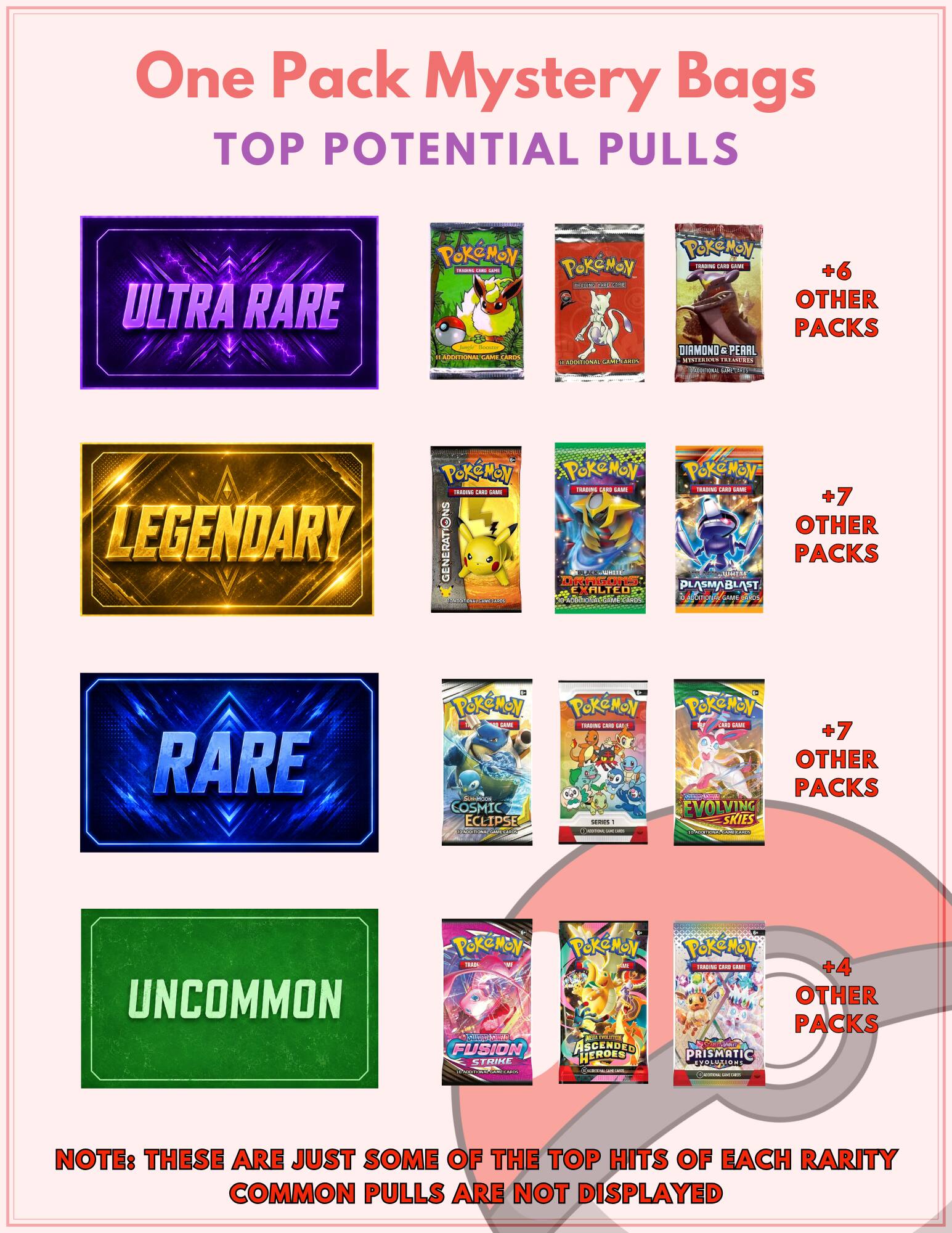 One Pack Mystery Bags TOP POTENTIAL PULLS

ULTRA RARE
POKEMON RASINA CARB HW +6 MARKE 201 UNE OTHER PACKS DIAMOND & PEARL ADDITIONAL GAME LARDS 4 ADOCIONAL 2000 LUSIONS ENTRADOR

POKEMON TRADING CHEE GAME TRADINAL CAKE CUMI TRADING - - +7 LEGENDARY OTHER GENERATIONS RAGONS EXALTED PLASMABLAST. PACKS SAND Tweet QC

RARE
PRMoN LEME - COSMIC ECLIPSE
POKEMON THANWA - - unn CHAN -

POKEMON 100 un +7 OTHER PACKS EVOLVING SKIES

UNCOMMON
POKEMON THAN FUSION STRIKE
POKEMON CHEESE ASCENDED HEROES
POKEMON SAUM COOK +4 OTHER PACKS PRISMATIC VOLUTICAS

NOTE: THESE ARE JUST SOME OF THE TOP HITS OF EACH RARITY COMMON PULLS ARE NOT DISPLAYED