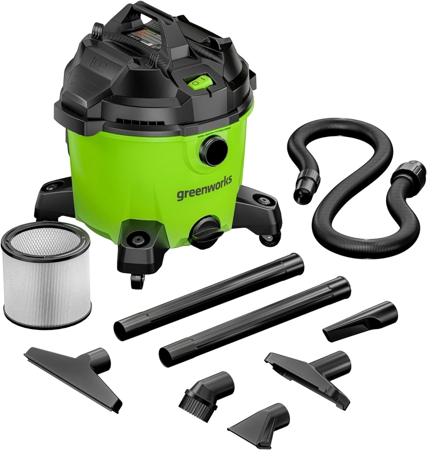 Greenworks - 9 Gallon AC Wet/Dry Vacuum, Workshops Wheeled Cleaner with Washable HEPA Filter and Multiple Accessories