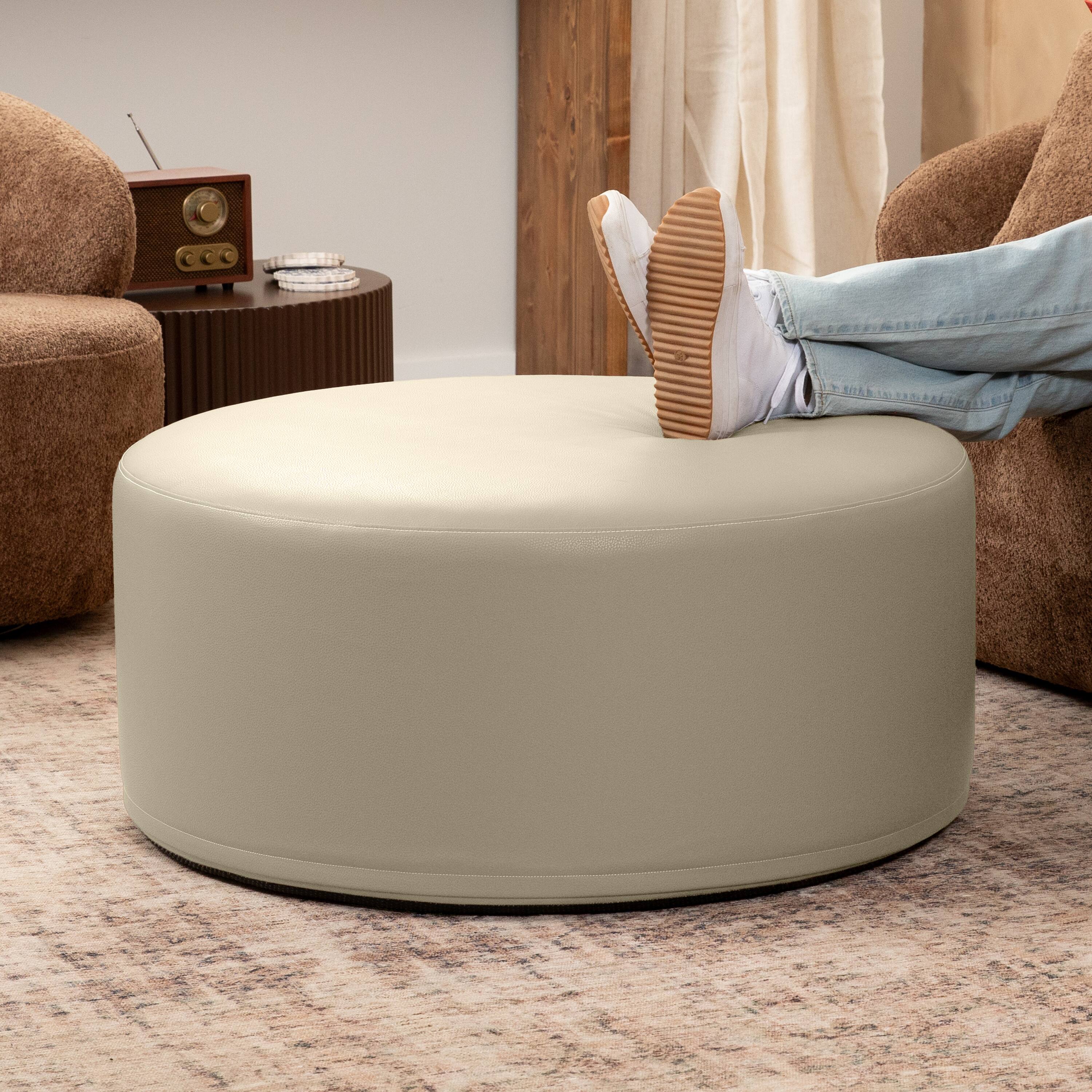 Angle. Jaxx - Jaxx Candler Round Couch Oversized Giant Coffee Table Ottoman, Kid Safe with Removable Cover, Natural - Faux Leather Natural.