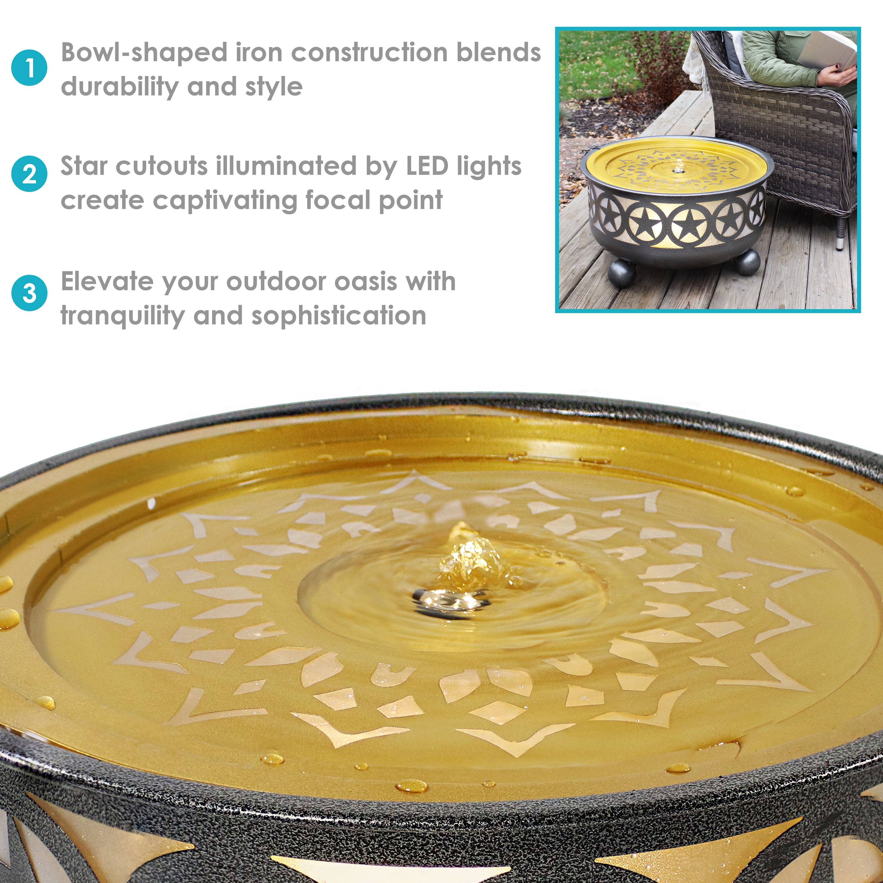 1. Bowl-shaped iron construction blends durability and style  
2. Star cutouts illuminated by LED lights create captivating focal point  
3. Elevate your outdoor oasis with tranquility and sophistication