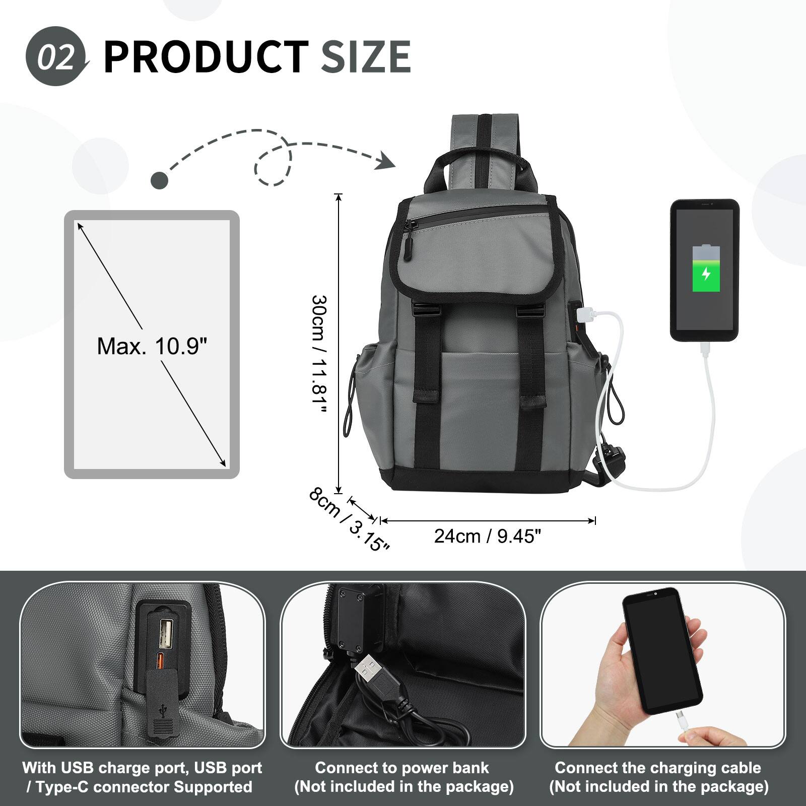 02 PRODUCT SIZE

Max. 10.9" / 30cm / 11.81"  
8cm / 3.15"  
24cm / 9.45"

With USB charge port, USB port / Type-C connector Supported  
Connect to power bank (Not included in the package)  
Connect the charging cable (Not included in the package)
