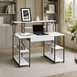 RYHNUYNE - White, Black Office Desk, 47.5 in Wide Metal Sled Base, Open Shelves and Hutch, 1 Drawer, 8 Compartments - White+Black