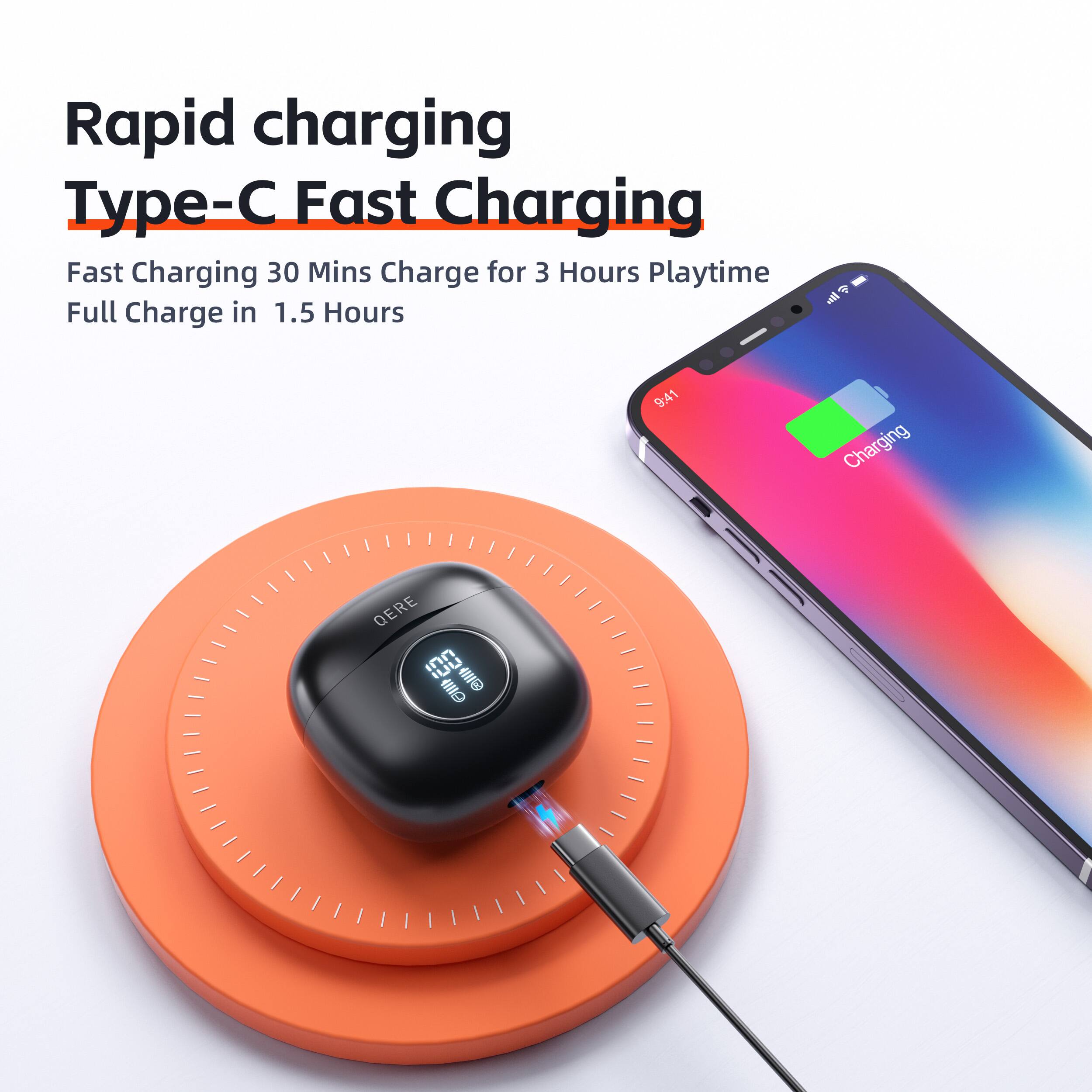 Rapid charging  
Type-C Fast Charging  

Fast Charging 30 Mins Charge for 3 Hours Playtime  
Full Charge in 1.5 Hours  

9:41  
Charging  
100%  
DERE  
@MI EI
