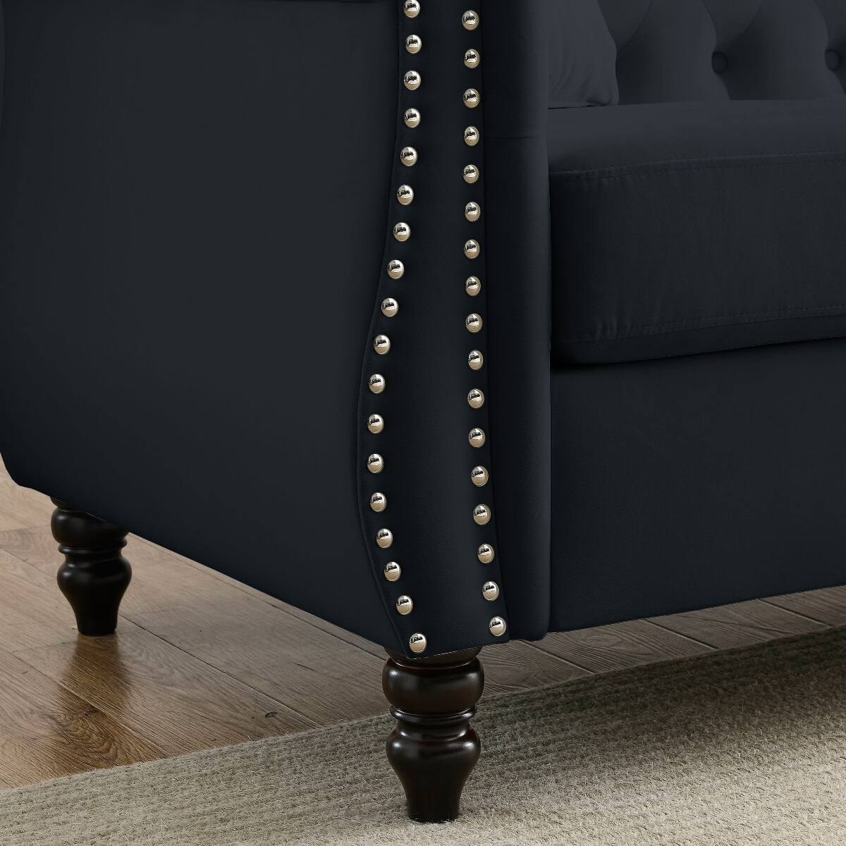 Alt View 3. Ropilly - Ropilly 80 Inch Black Velvet Chesterfield Sofa, 3 Seater Tufted Couch with Rolled Arms and Nailhead Trim - Black.