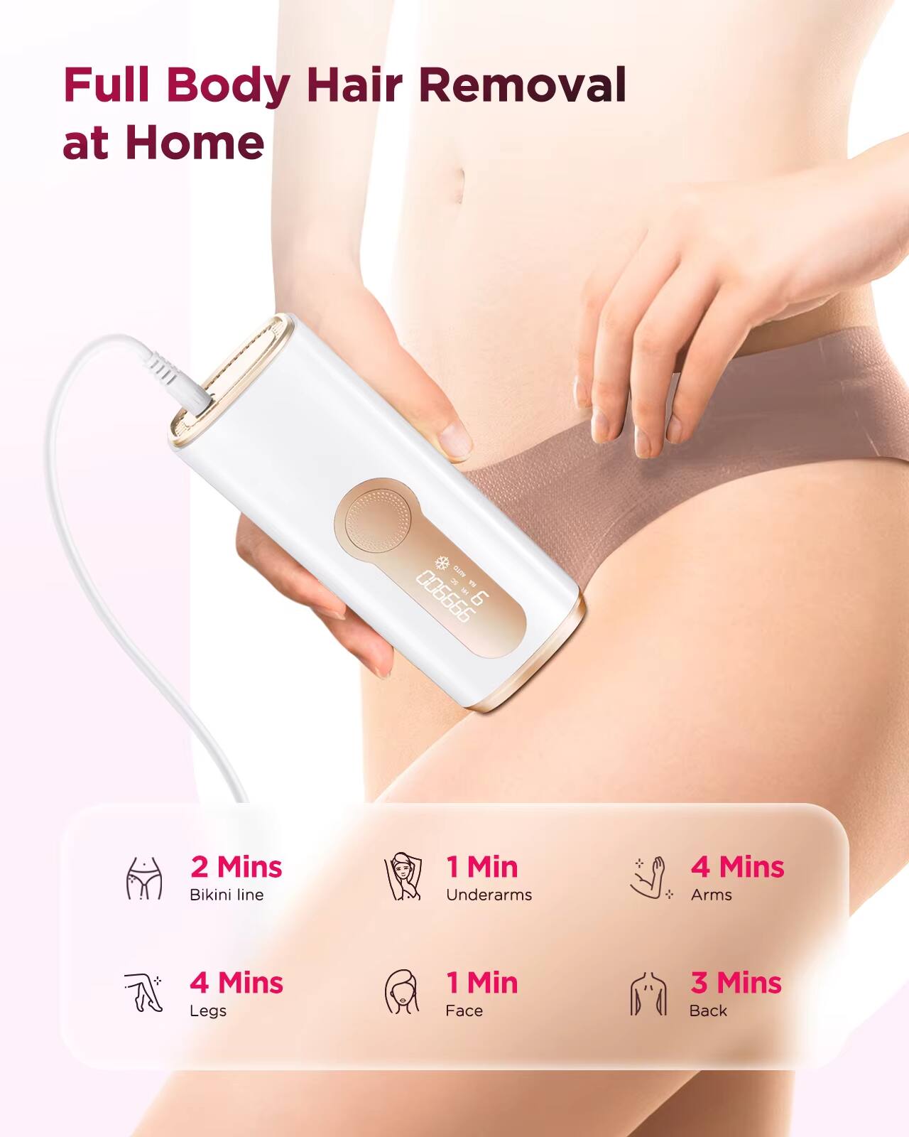 Full Body Hair Removal at Home

- Bikini line: 2 Mins
- Underarms: 1 Min
- Arms: 4 Mins
- Legs: 4 Mins
- Face: 1 Min
- Back: 3 Mins