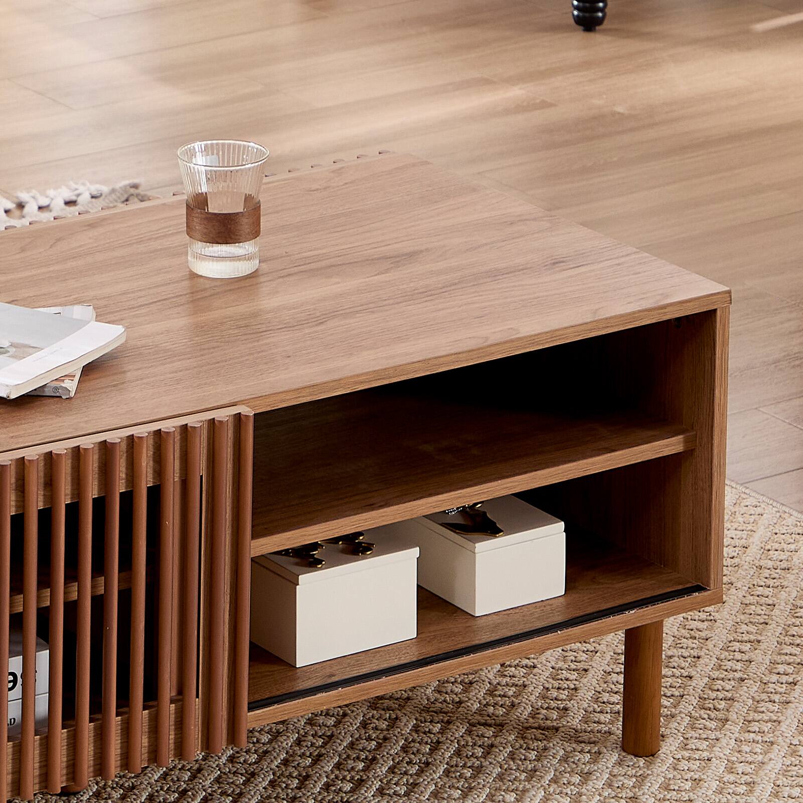 Back. Bestier - Coffee Table with Fluted Sliding Doors, Dual Side Storage and Solid Wood Legs - wooden.