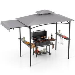Gymax - 11 x 5 FT Grill BBQ Gazebo w/ Side Awning Double-Tiered Top 2 Side Shelves - Grey, Black