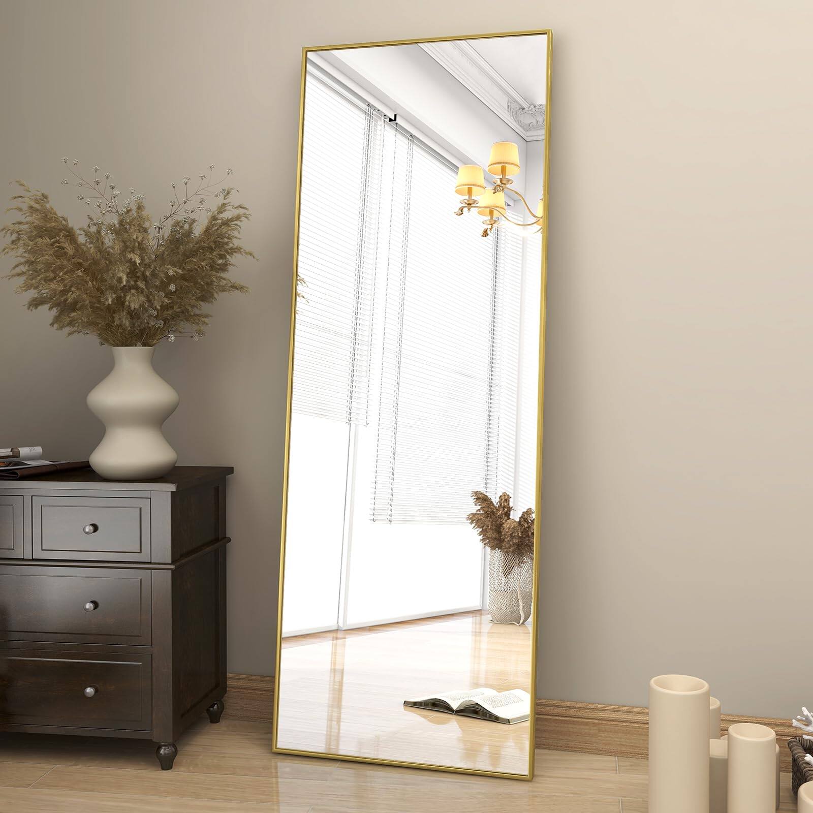 Angle. HOMLUX - Full Length Rectangle Floor Mirror Gold Aluminum Frame Free Standing Wall Mounted for Bedroom.