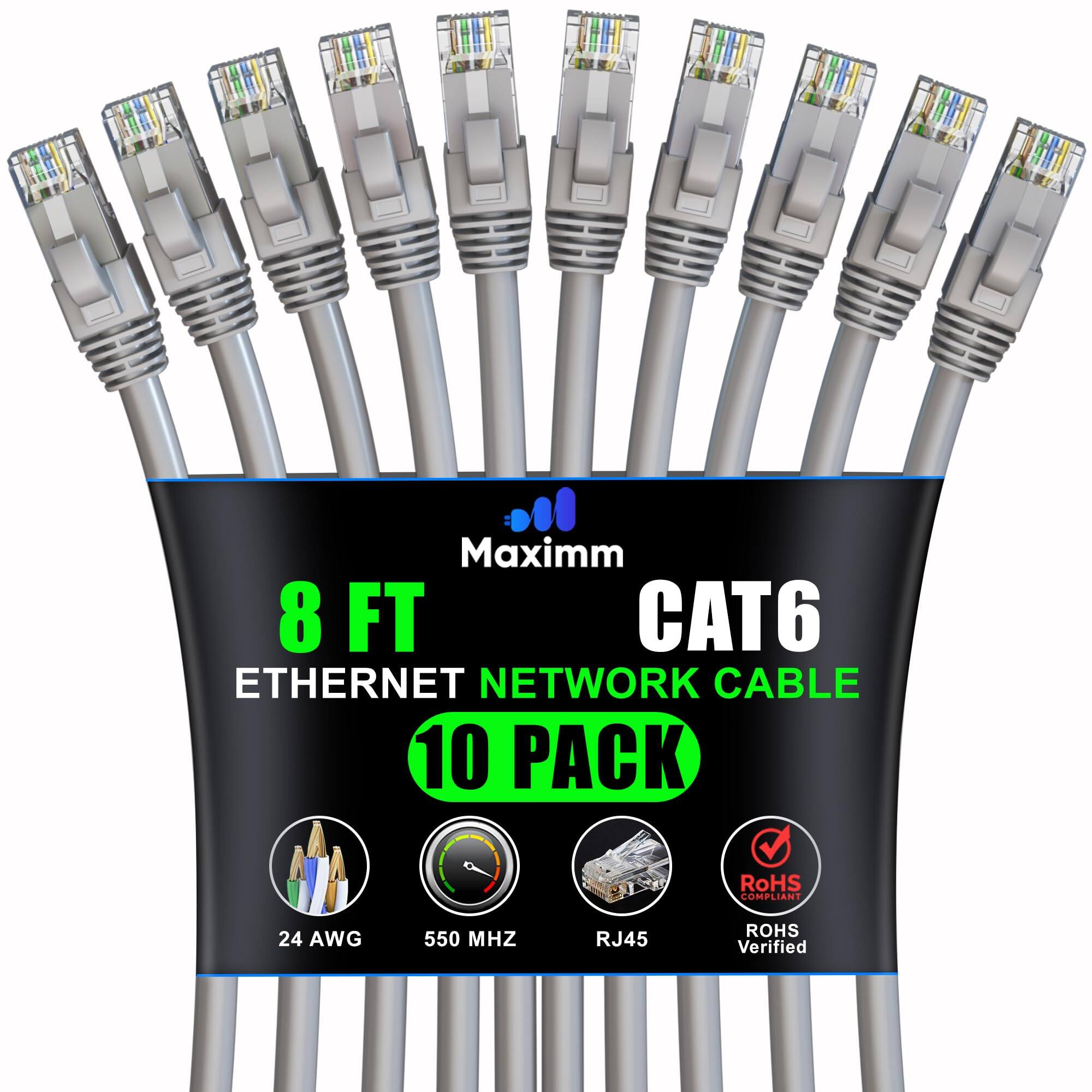 Maximm 8 FT CAT6 ETHERNET NETWORK CABLE 10 PACK RoHS COMPLIANT 24 AWG 550 MHZ RJ45 ROHS Verified