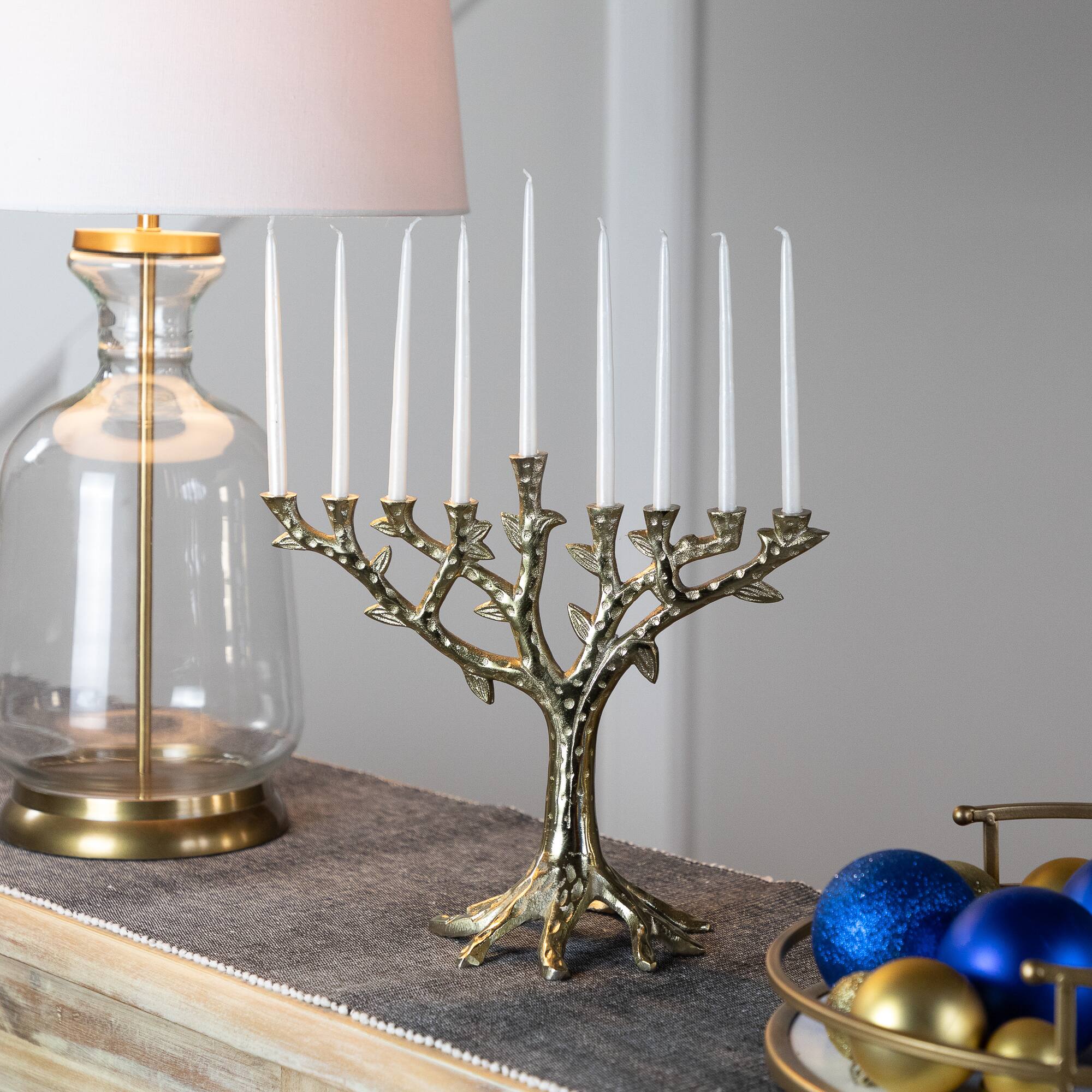 Northlight - Tree Trunk-Shaped Brass Hanukkah Menorah - 11.5" - Finish - Gold