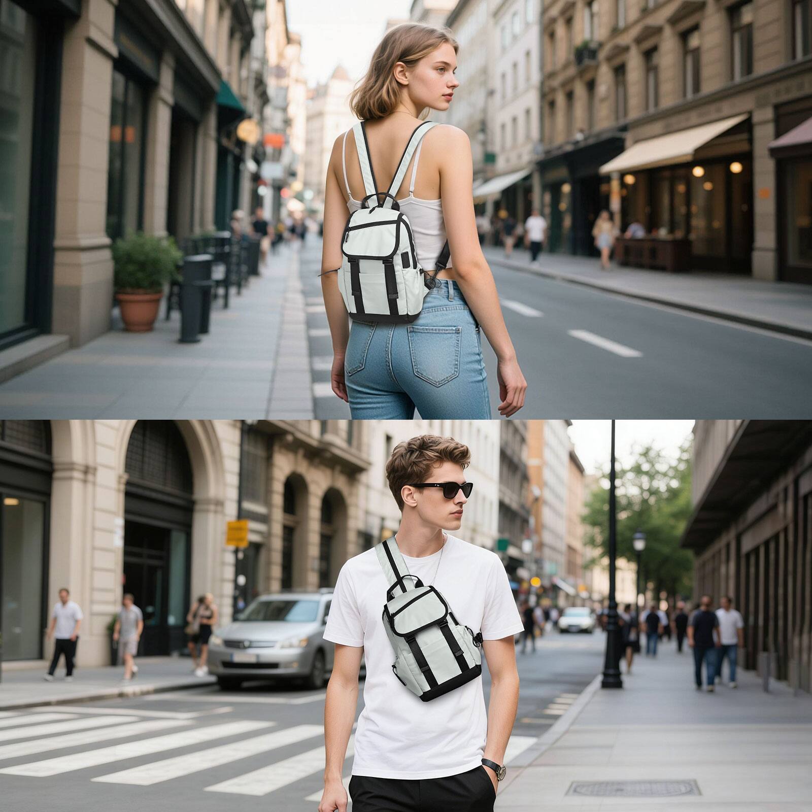 Alt View 1. Unique Bargains - Small Backpack Convertible Crossbody Bags with USB Charge Port Lightweight Casual Sling Shoulder for Outdoor Travel - Beige.