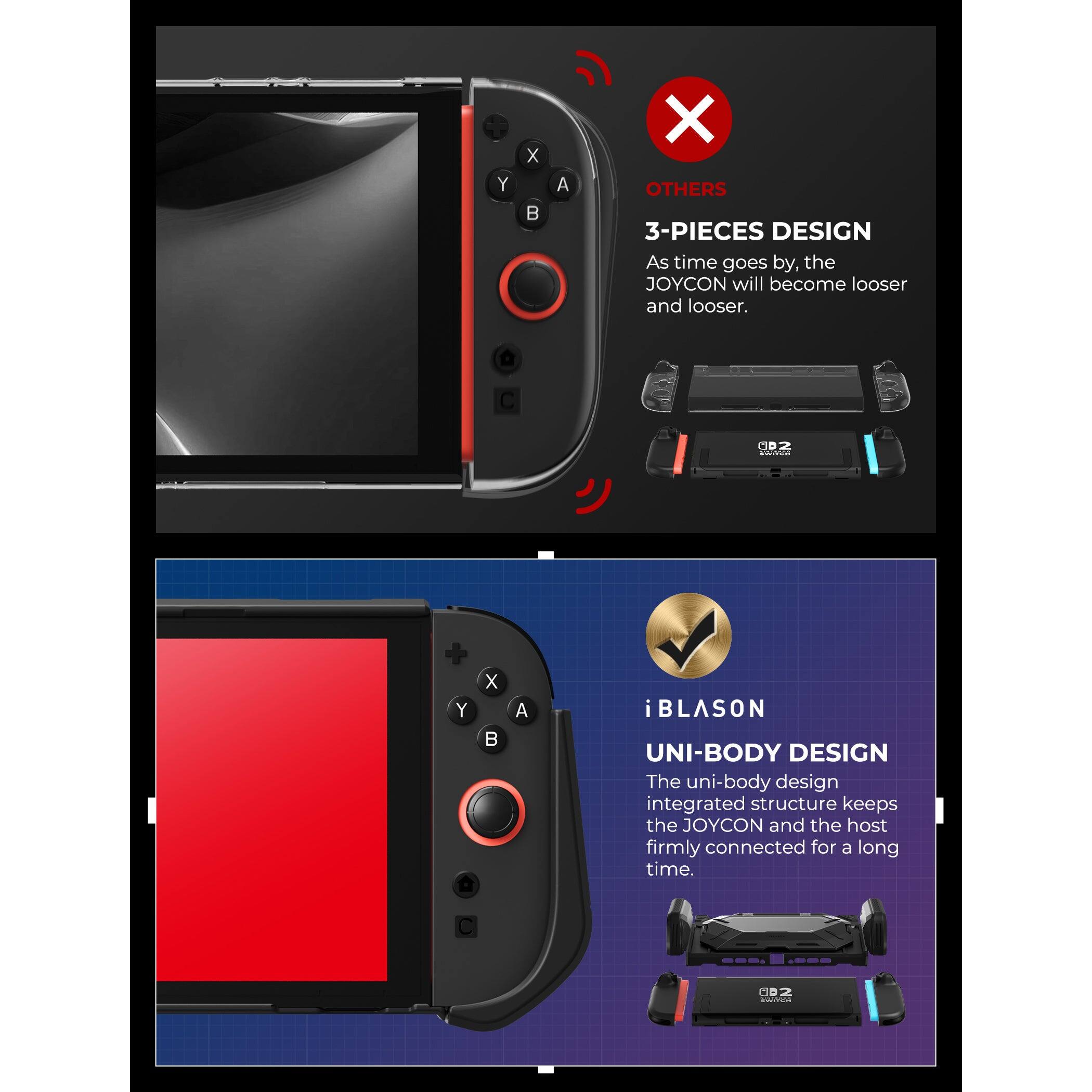 **OTHERS**

**3-PIECES DESIGN**

As time goes by, the JOYCON will become looser and looser.

---

**iBLASON**

**UNI-BODY DESIGN**

The uni-body design integrated structure keeps the JOYCON and the host firmly connected for a long time.