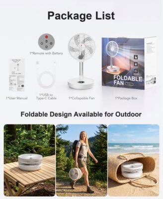 Package List

1*Remote with Battery  
1*User Manual  
1*USB to Type-C Cable  
1*Collapsible Fan  
1*Package Box  

Foldable Design Available for Outdoor