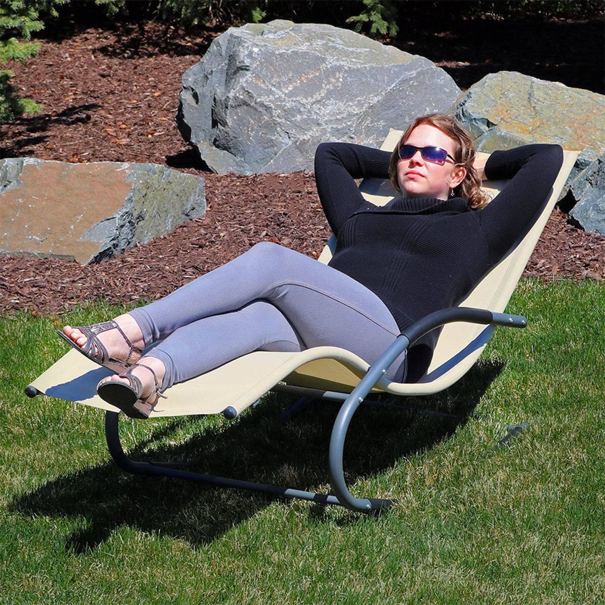 Back. Hivvago - Set of 2 Beige Rocking Chaise Lounger Patio Lounge Chair with Pillow - Beige.
