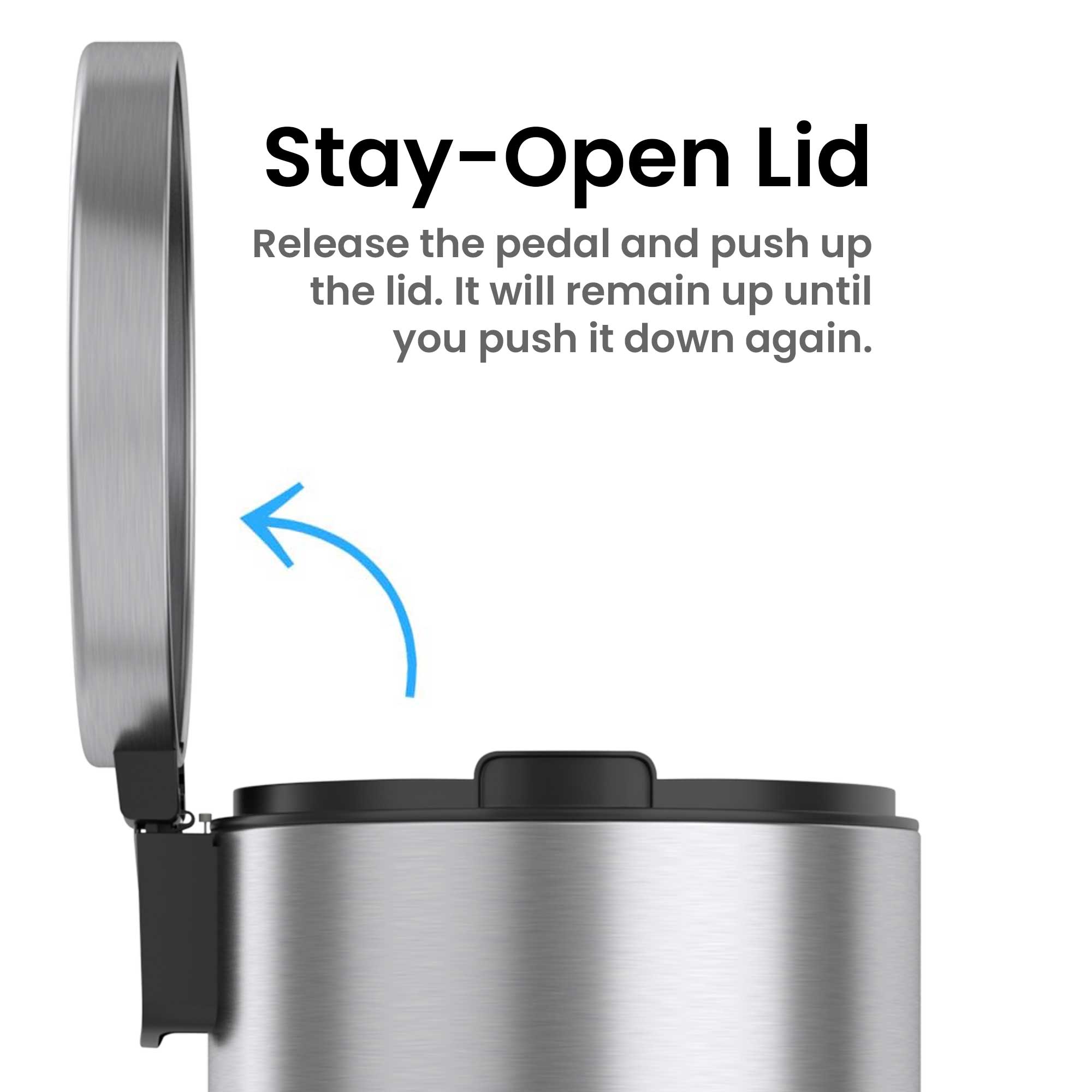 Stay-Open Lid

Release the pedal and push up the lid. It will remain up until you push it down again.