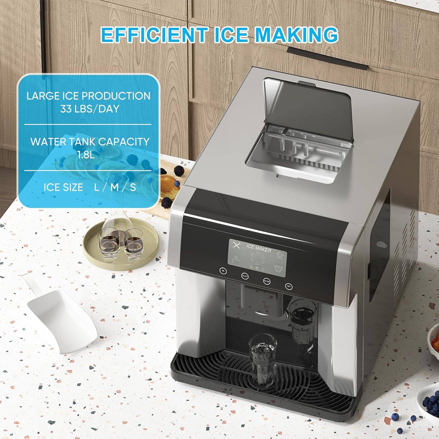 EFFICIENT ICE MAKING

LARGE ICE PRODUCTION  
33 LBS/DAY

WATER TANK CAPACITY  
1.8L

ICE SIZE  
L / M / S