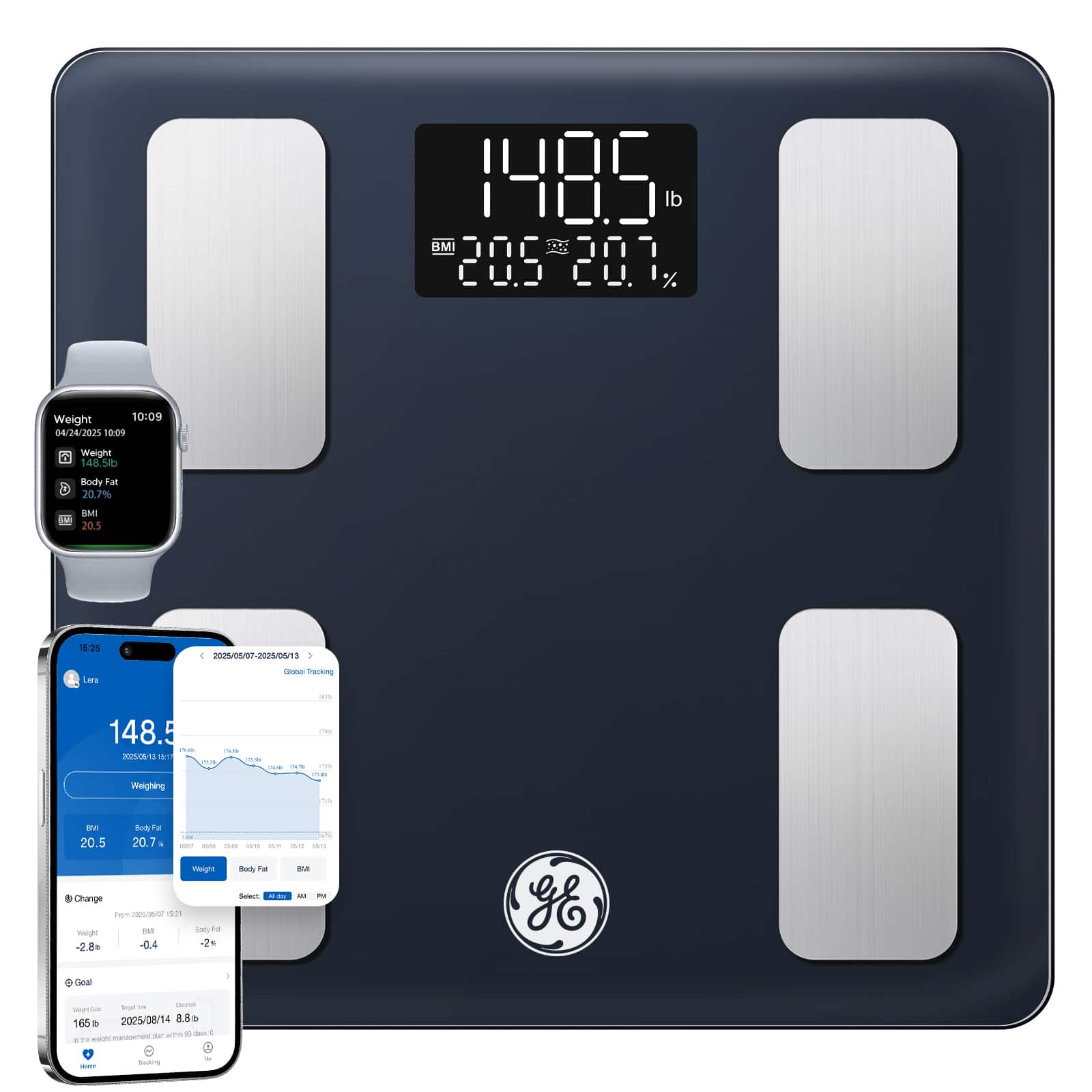 GE - Smart Body Fat Scale, Bluetooth App, BMI, 13 Body Metrics, LED Display, 400 lb Capacity - Black