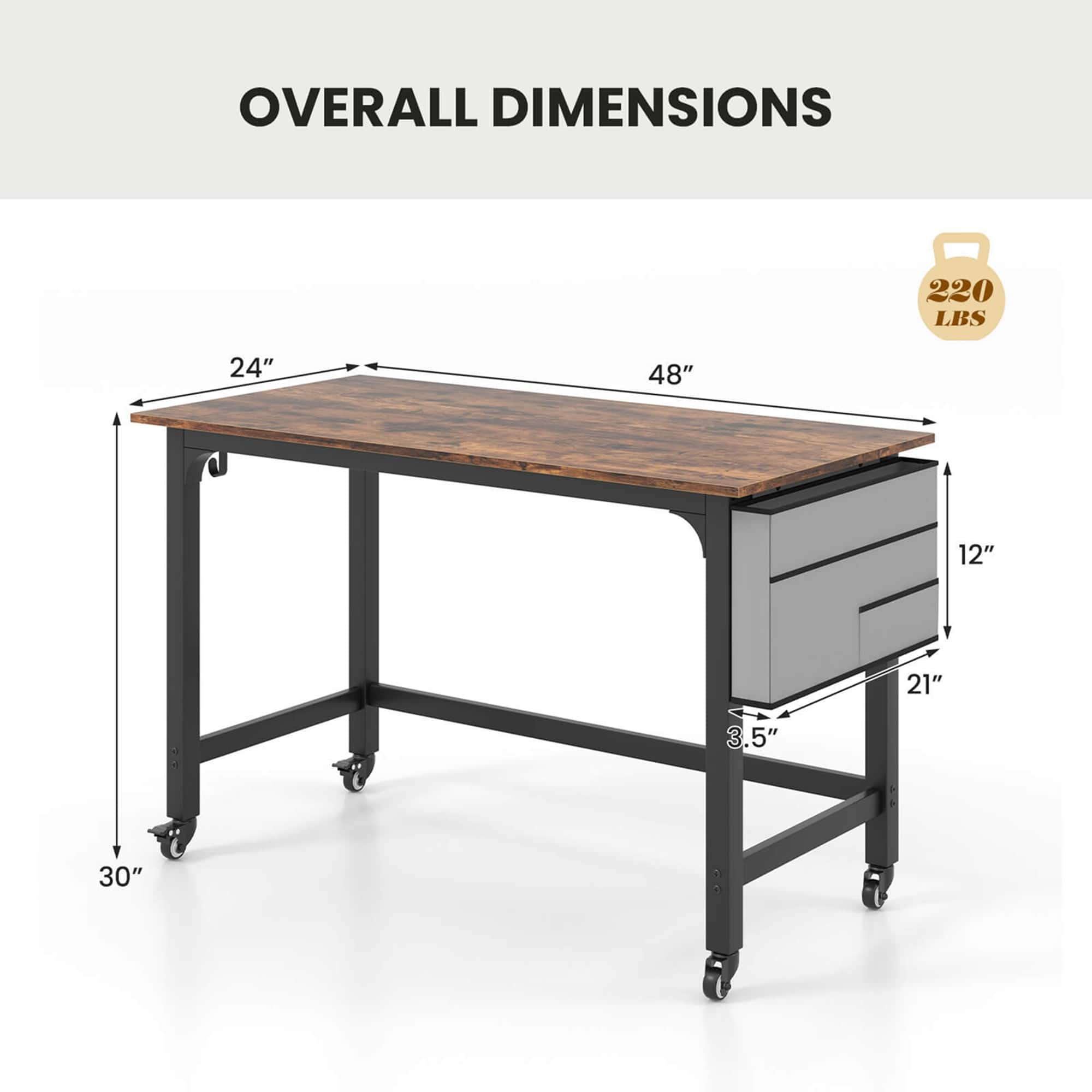 Overall dimensions: 220 lbs, 24" x 48" x 12" x 21" x 3.5" x 30".
