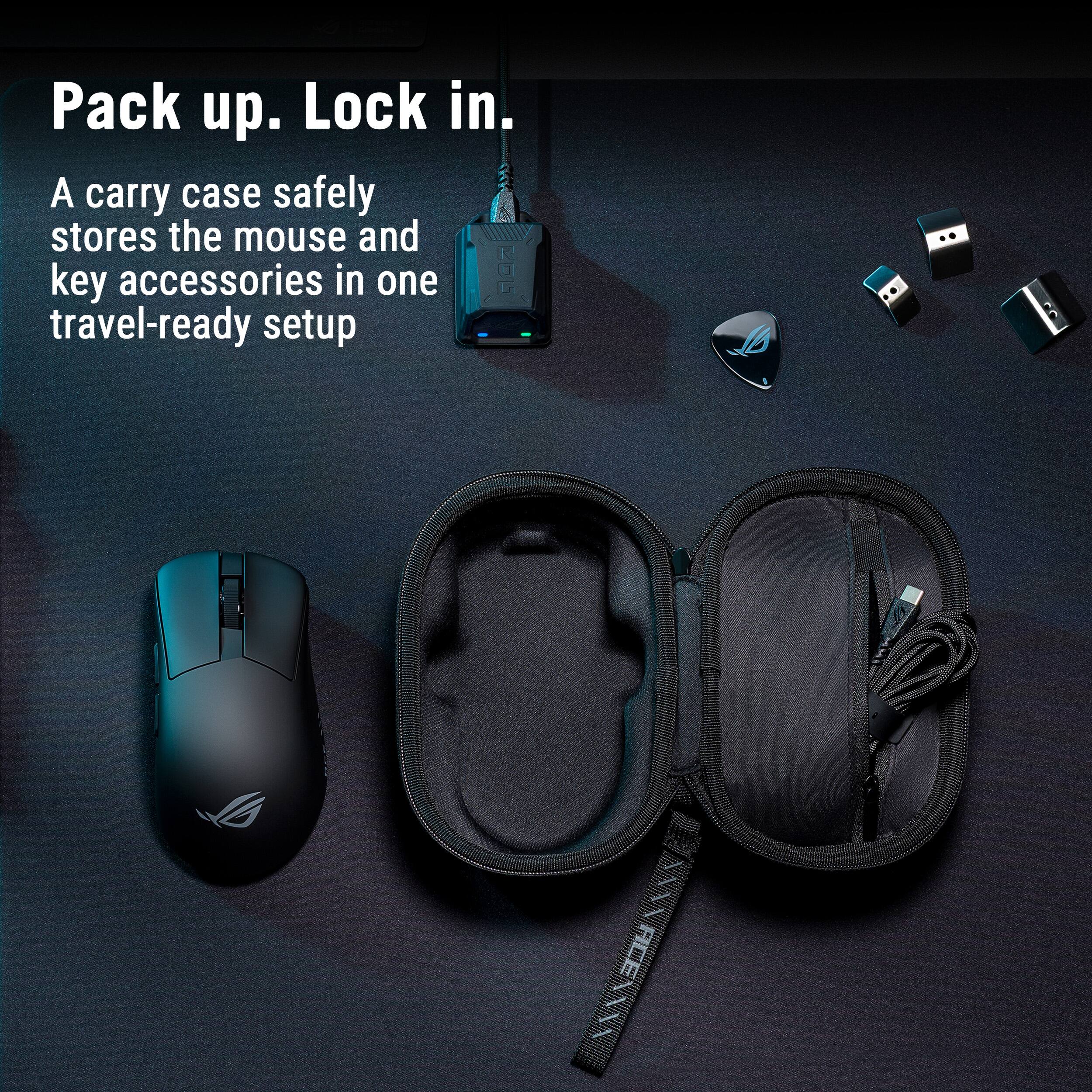 Pack up. Lock in.  
A carry case safely stores the mouse and key accessories in one travel-ready setup