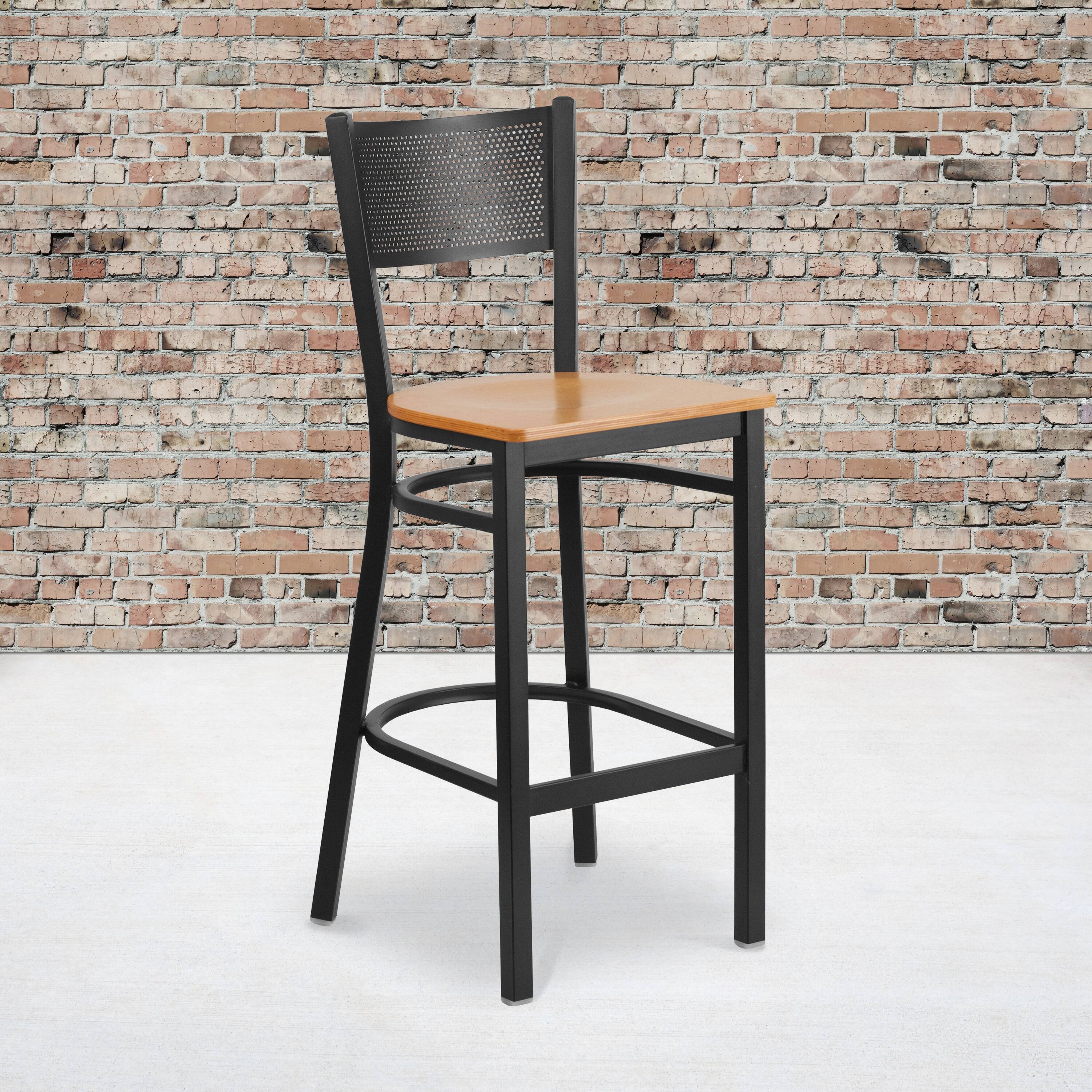 Alt View 1. Emma + Oliver - Grid Back Metal Restaurant Dining Barstool - Natural Wood Seat/Black Metal Frame.
