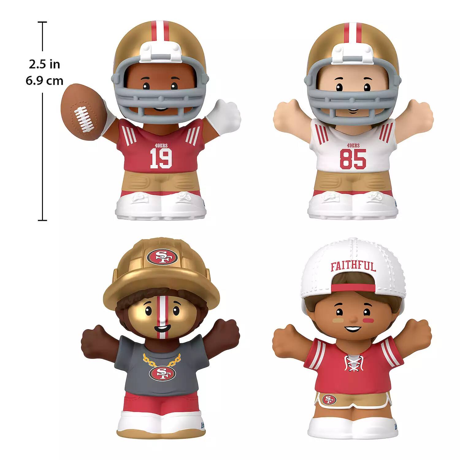 The text on the image is:

- "6.9 cm"
- "2.5 in"
- "49ERS 19"
- "49ERS 85"
- "FAITHFUL"