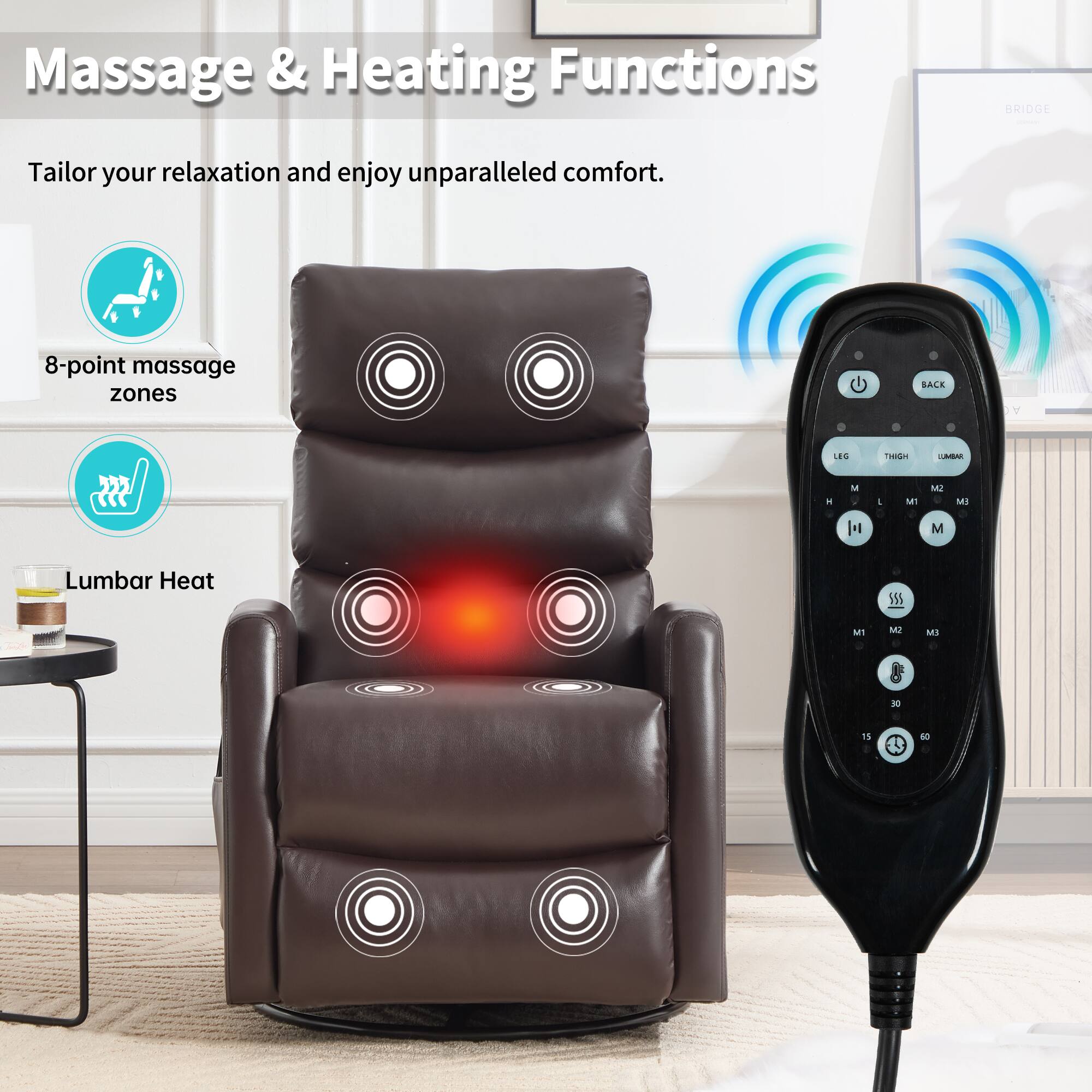 Massage & Heating Functions

Tailor your relaxation and enjoy unparalleled comfort.

8-point massage zones

Lumbar Heat